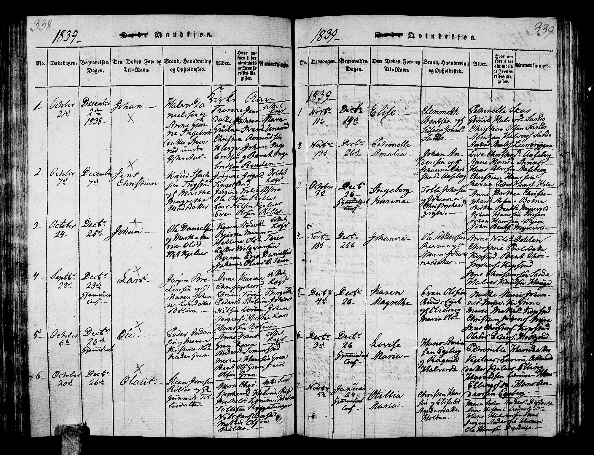 Sande Kirkebøker, AV/SAKO-A-53/G/Ga/L0001: Klokkerbok nr. 1, 1814-1847, s. 338-339