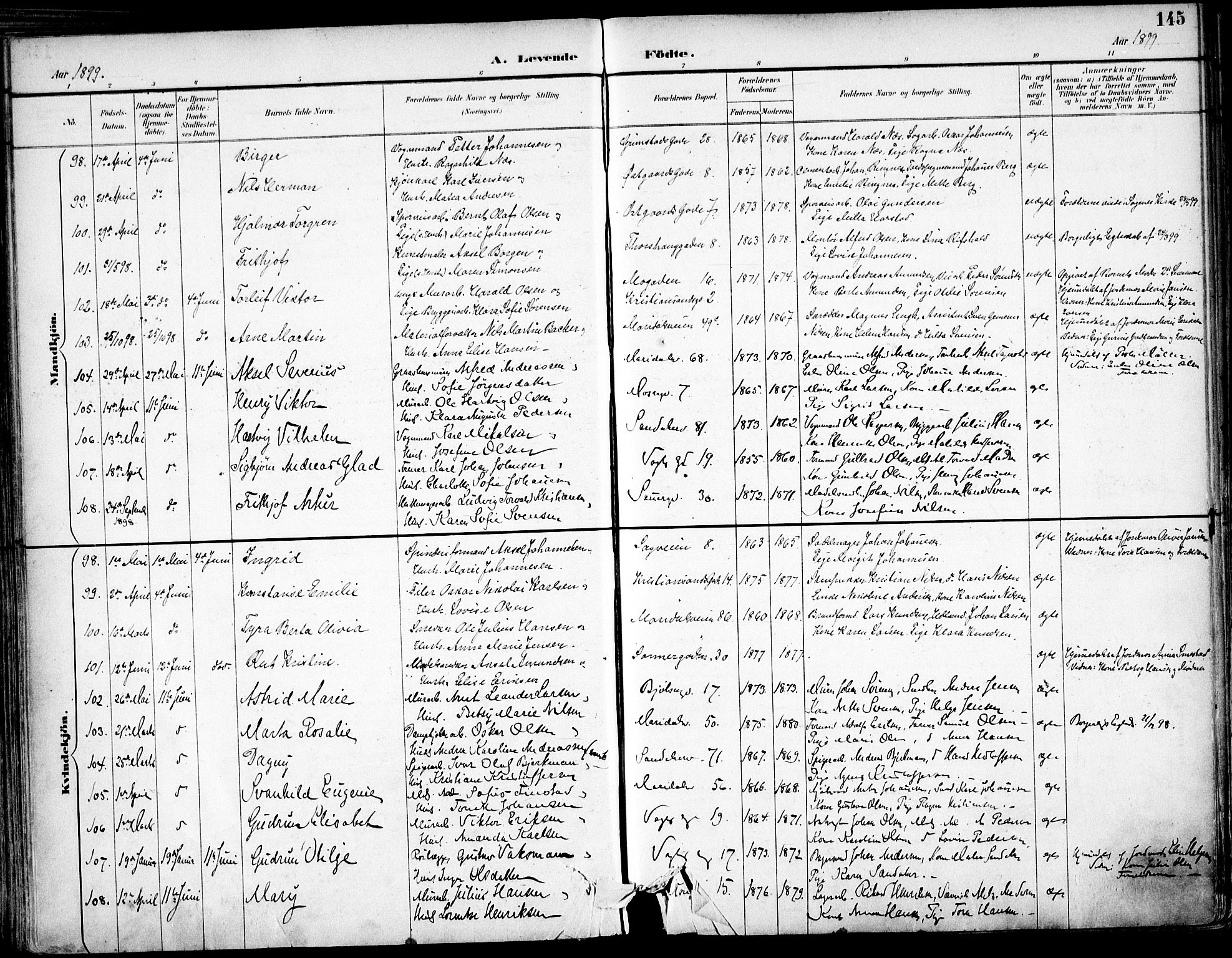 Sagene prestekontor Kirkebøker, AV/SAO-A-10796/F/L0004: Ministerialbok nr. 4, 1894-1904, s. 145