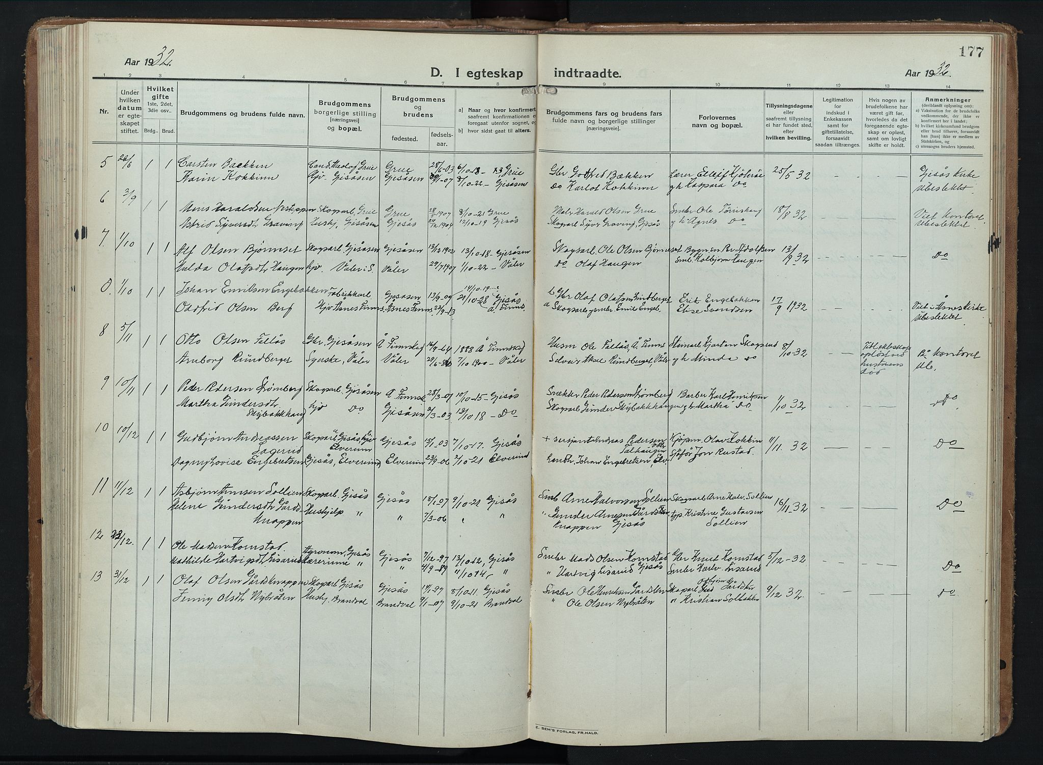 Åsnes prestekontor, AV/SAH-PREST-042/H/Ha/Hab/L0012: Klokkerbok nr. 12, 1921-1942, s. 177