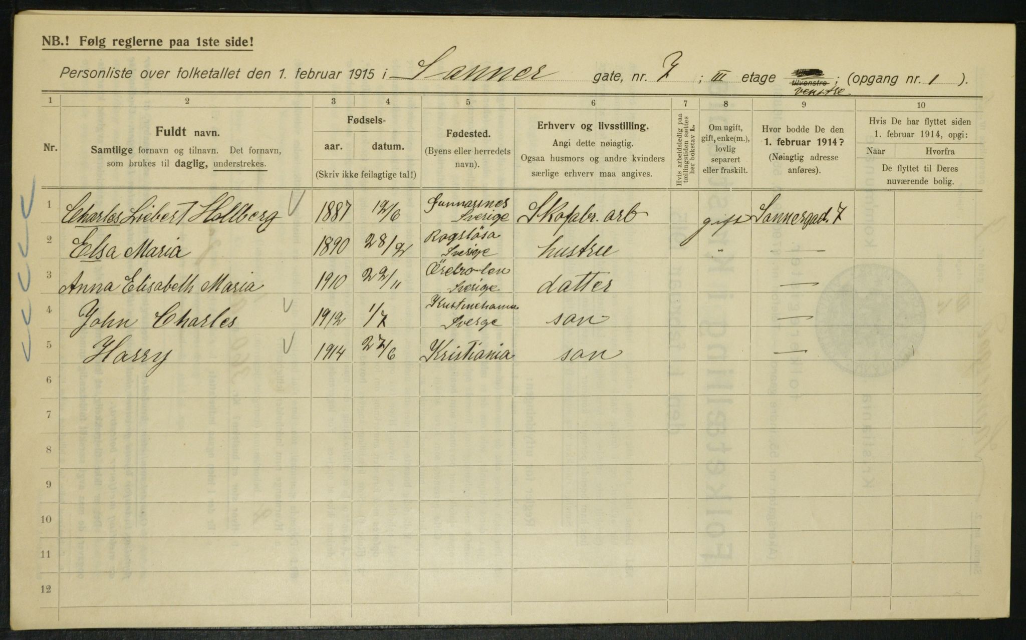 OBA, Kommunal folketelling 1.2.1915 for Kristiania, 1915, s. 88105