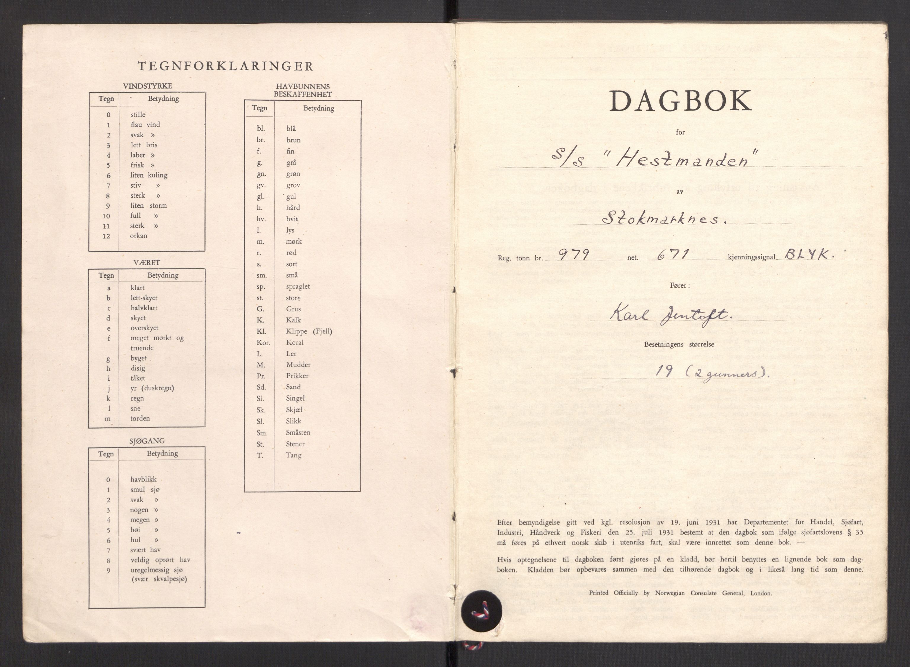 Nortraship, Skipsdagbøker, RA/S-2168/F/L0639/0008: Boknr. 3105 - 3116 / Boknr. 3112 Hestmanden, 1943, s. 1