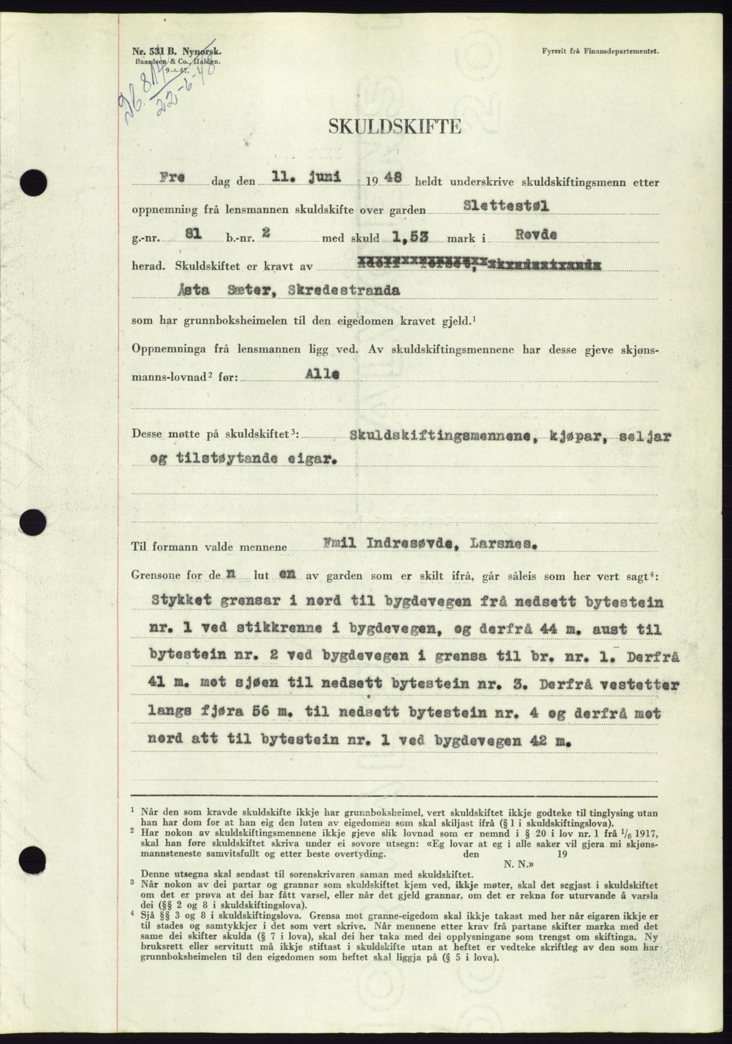 Søre Sunnmøre sorenskriveri, SAT/A-4122/1/2/2C/L0082: Pantebok nr. 8A, 1948-1948, Dagboknr: 814/1948