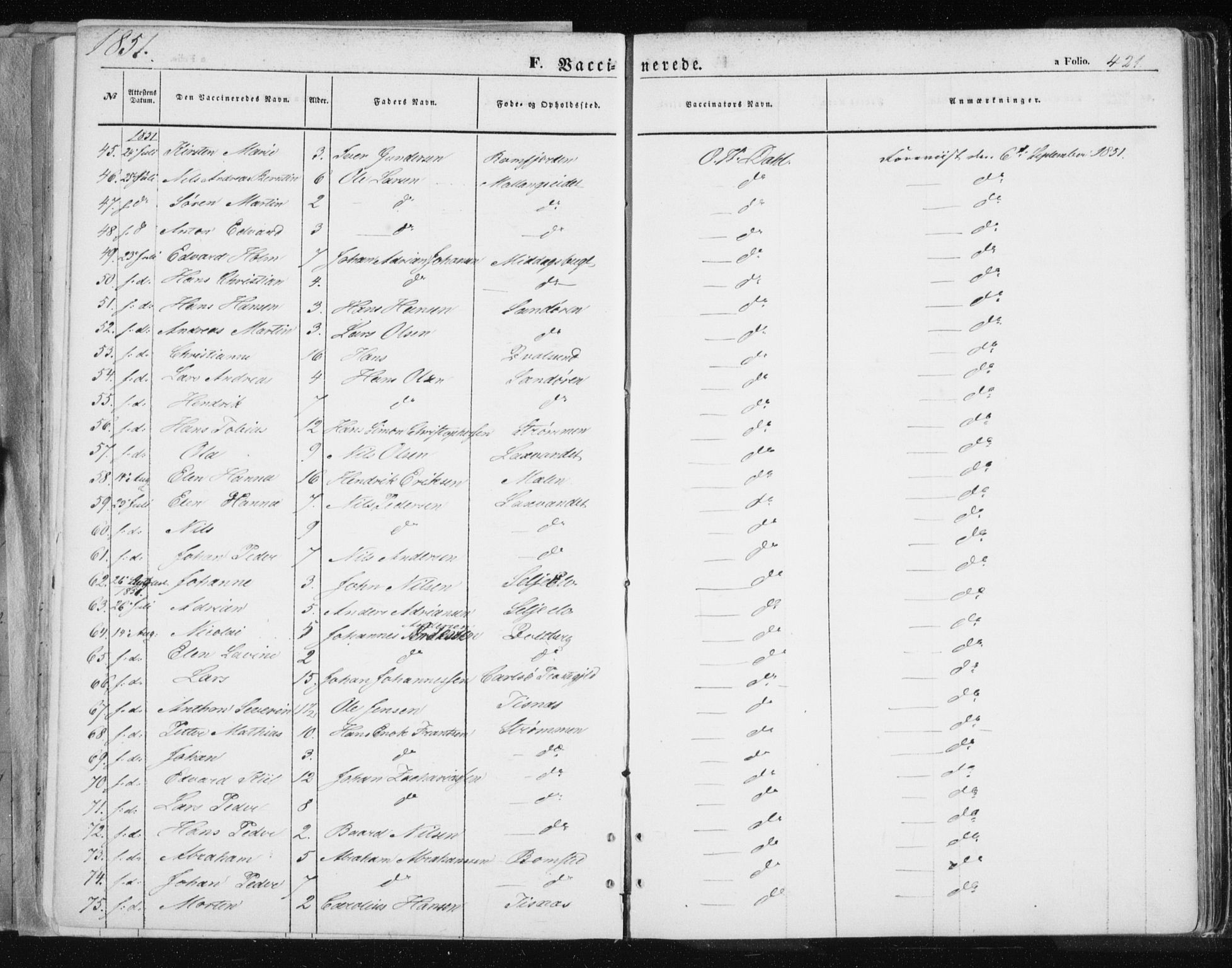 Tromsø sokneprestkontor/stiftsprosti/domprosti, AV/SATØ-S-1343/G/Ga/L0010kirke: Ministerialbok nr. 10, 1848-1855, s. 421