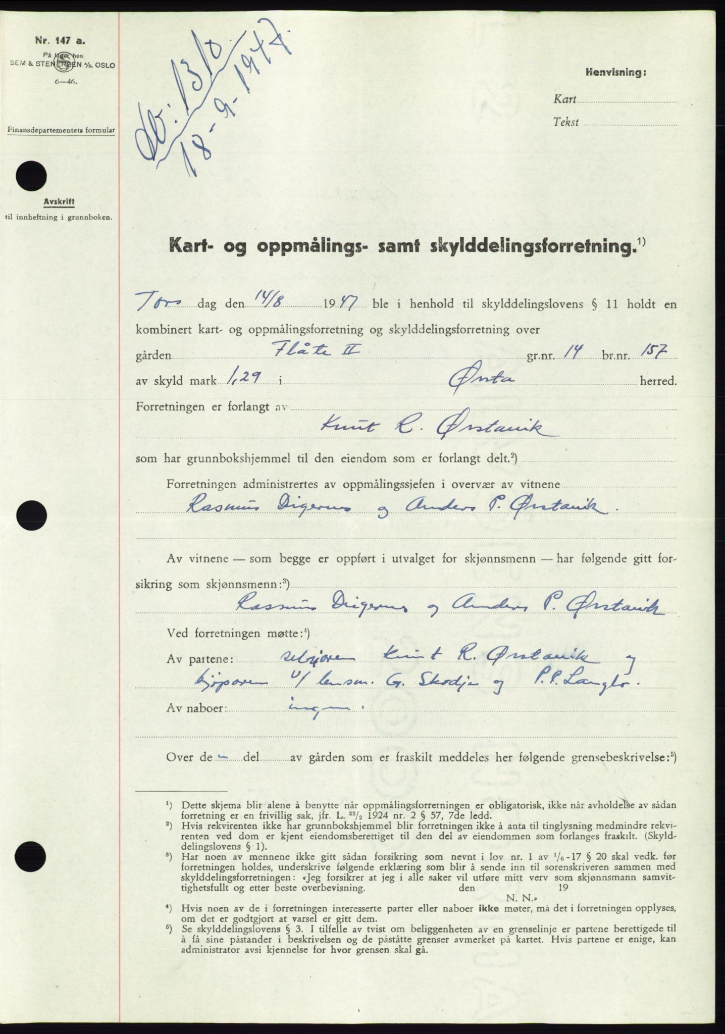 Søre Sunnmøre sorenskriveri, SAT/A-4122/1/2/2C/L0081: Pantebok nr. 7A, 1947-1948, Dagboknr: 1310/1947