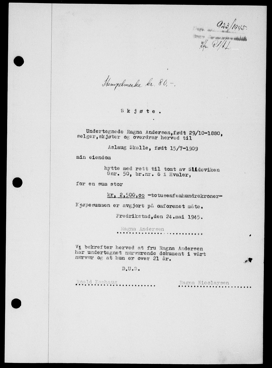 Onsøy sorenskriveri, SAO/A-10474/G/Ga/Gab/L0014: Pantebok nr. II A-14, 1944-1945, Dagboknr: 923/1945