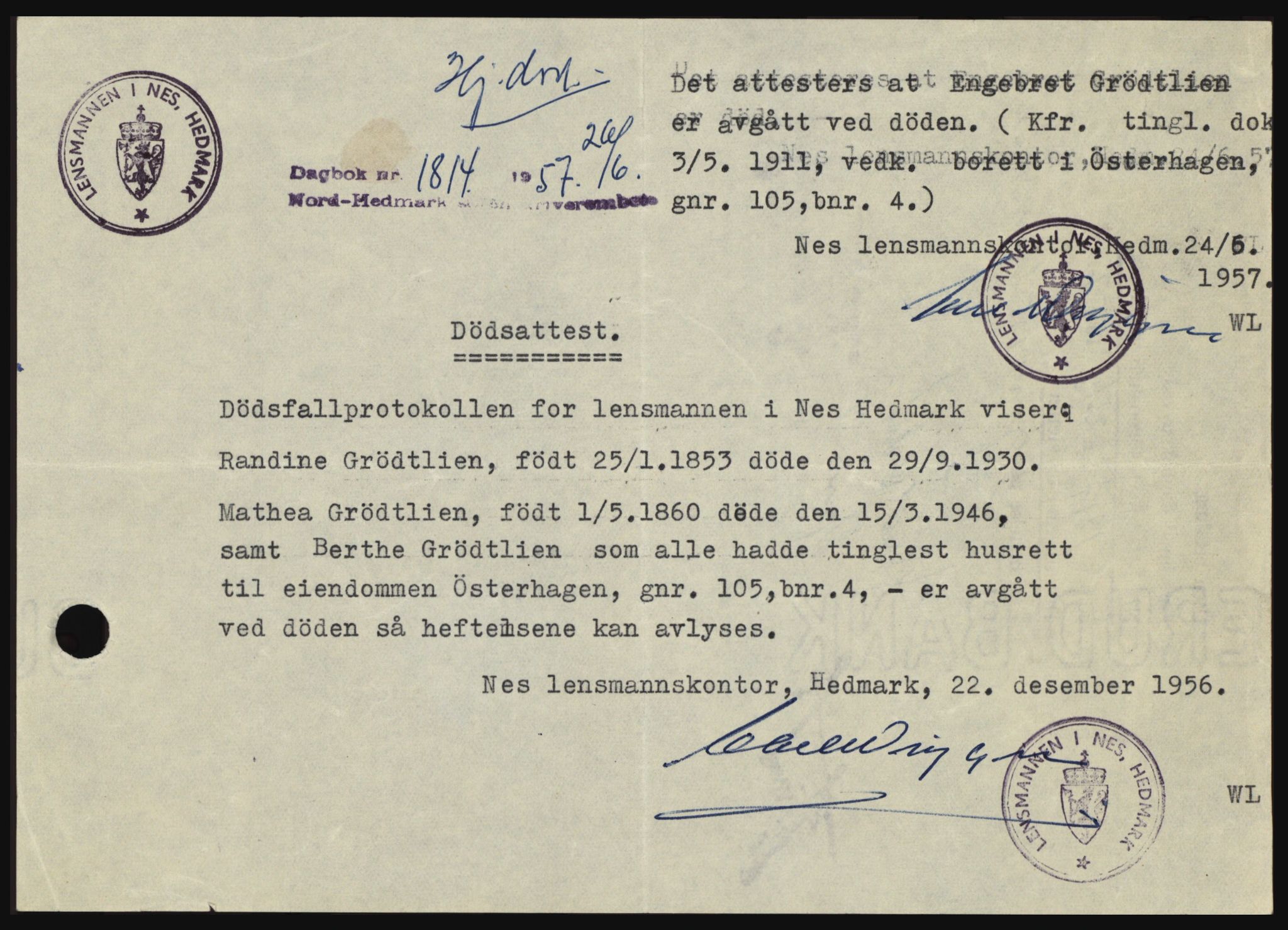 Nord-Hedmark sorenskriveri, SAH/TING-012/H/Hc/L0011: Pantebok nr. 11, 1956-1957, Dagboknr: 1814/1957