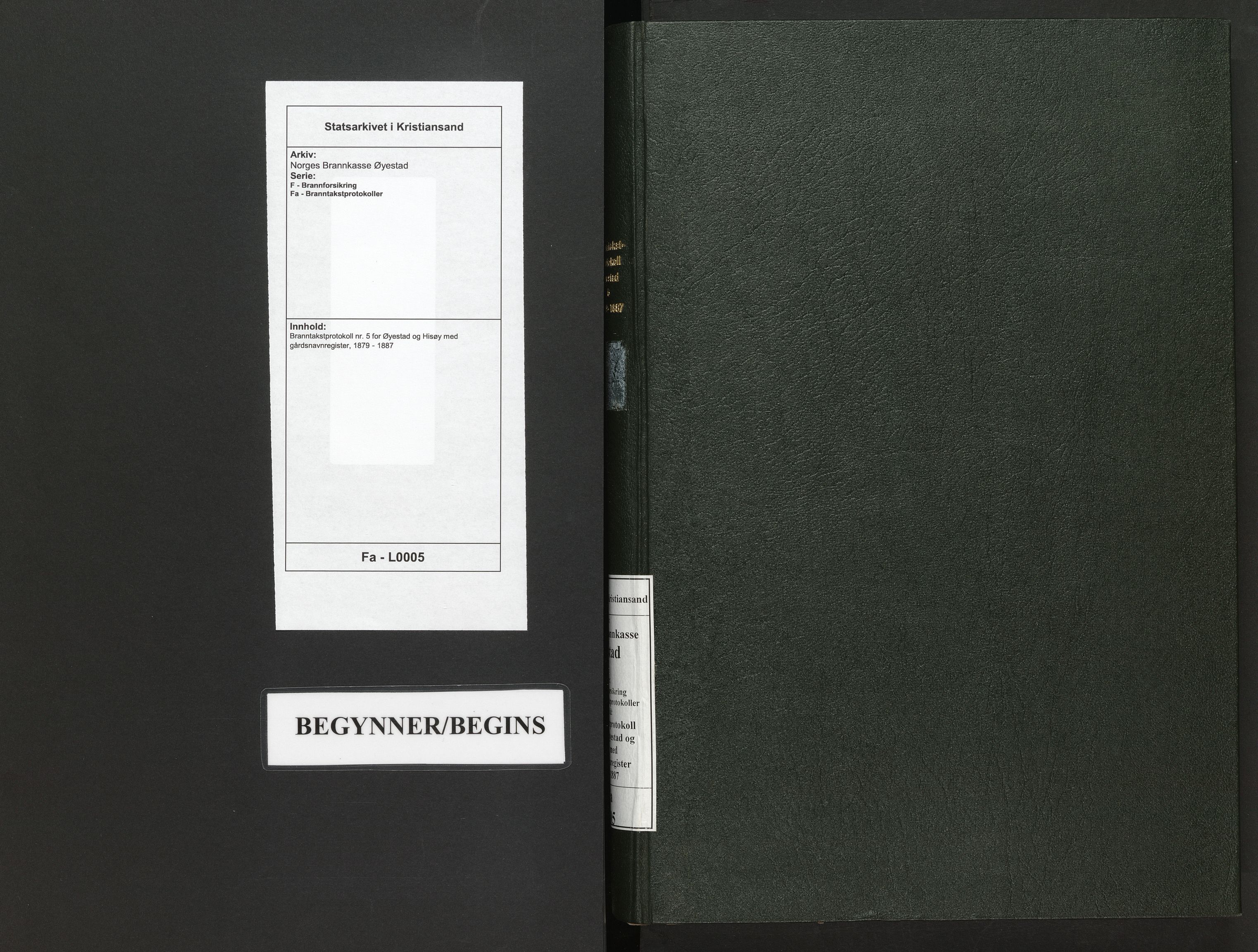 Norges Brannkasse Øyestad, SAK/2241-0059/F/Fa/L0005: Branntakstprotokoll nr. 5 for Øyestad og Hisøy med gårdsnavnregister, 1879-1887