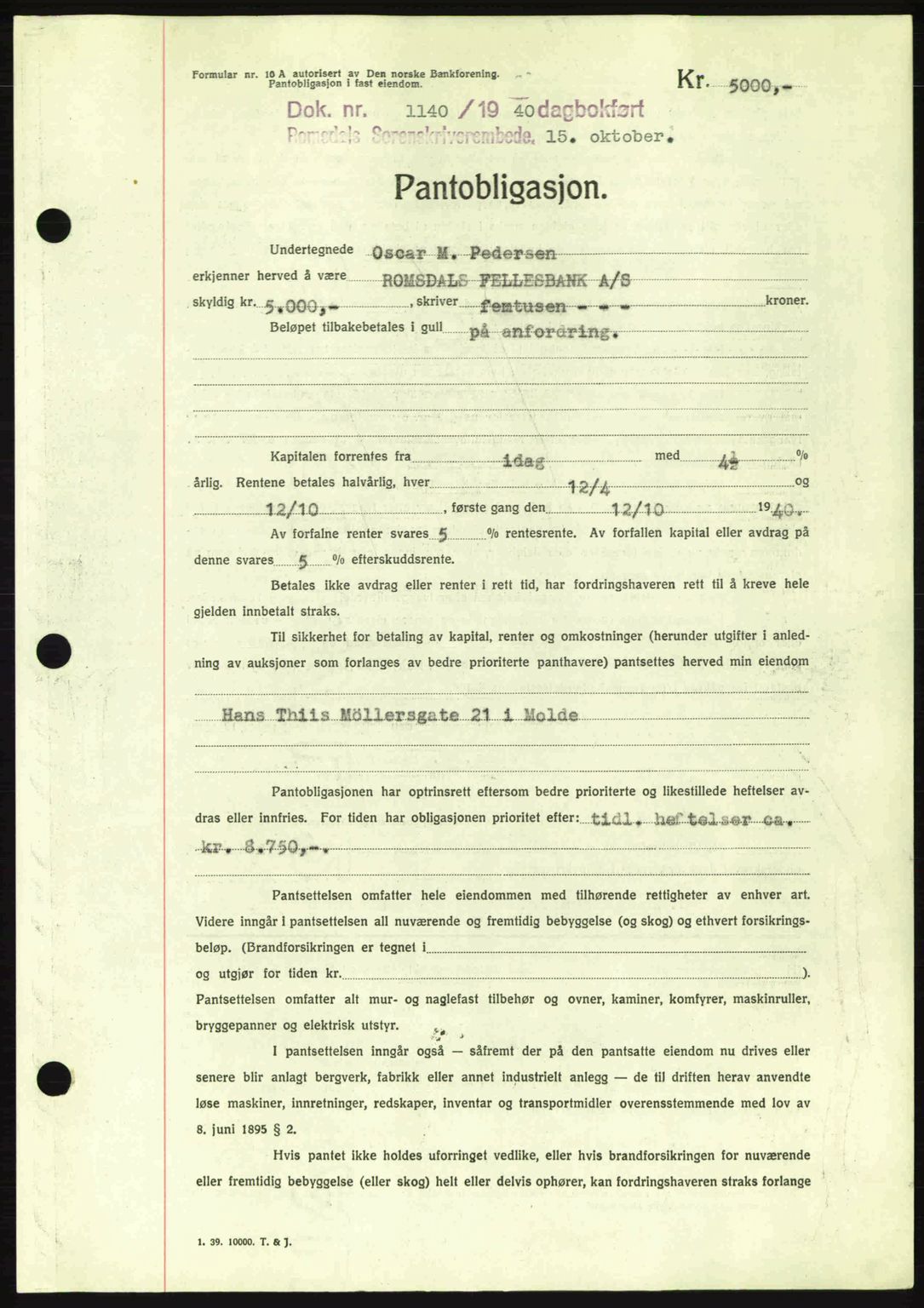 Romsdal sorenskriveri, SAT/A-4149/1/2/2C: Pantebok nr. B2, 1939-1945, Dagboknr: 1140/1940