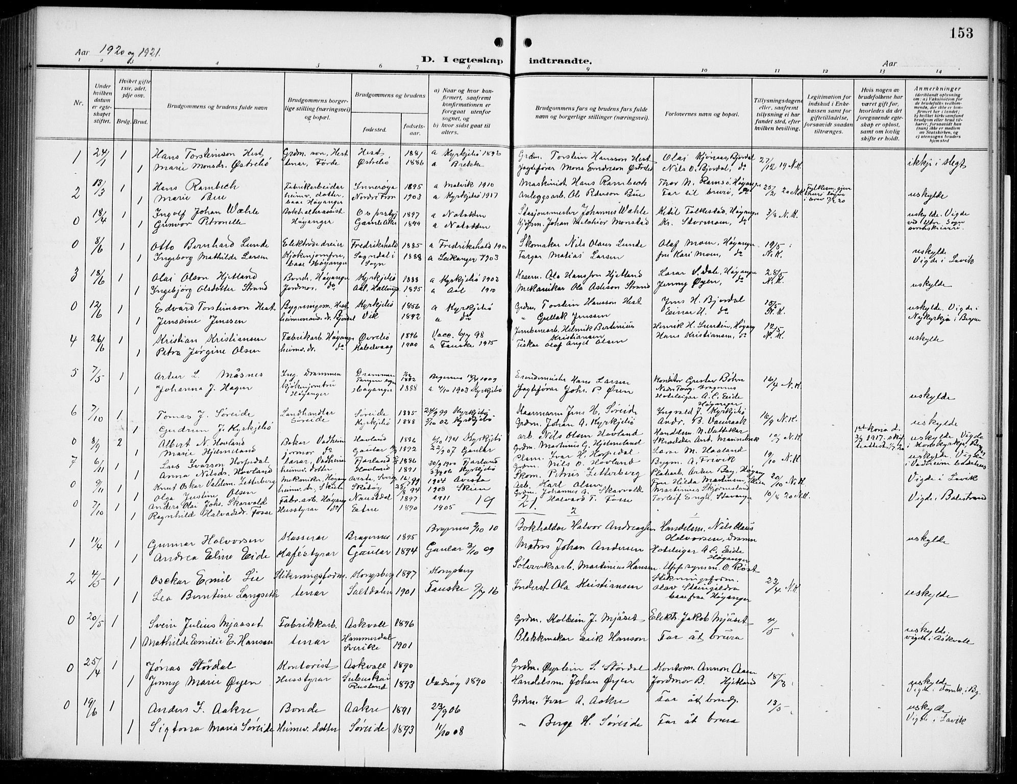 Lavik sokneprestembete, AV/SAB-A-80901: Klokkerbok nr. B 4, 1914-1937, s. 153