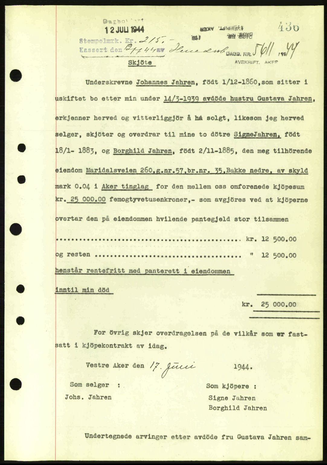 Aker herredsskriveri, AV/SAO-A-10896/G/Gb/Gba/Gbab/L0062: Pantebok nr. A183-184, 1944-1944, Dagboknr: 5611/1944