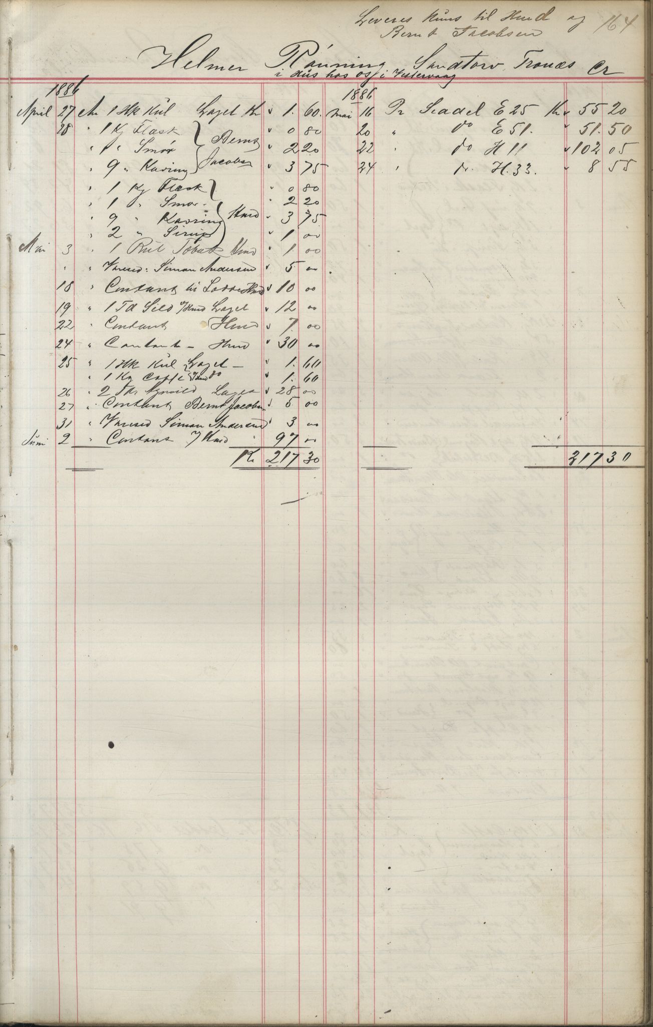 Brodtkorb handel A/S, VAMU/A-0001/F/Fa/L0004/0001: Kompanibøker. Utensogns / Compagnibog for Udensogns Fiskere No 15. Fra A - H, 1882-1895, s. 164