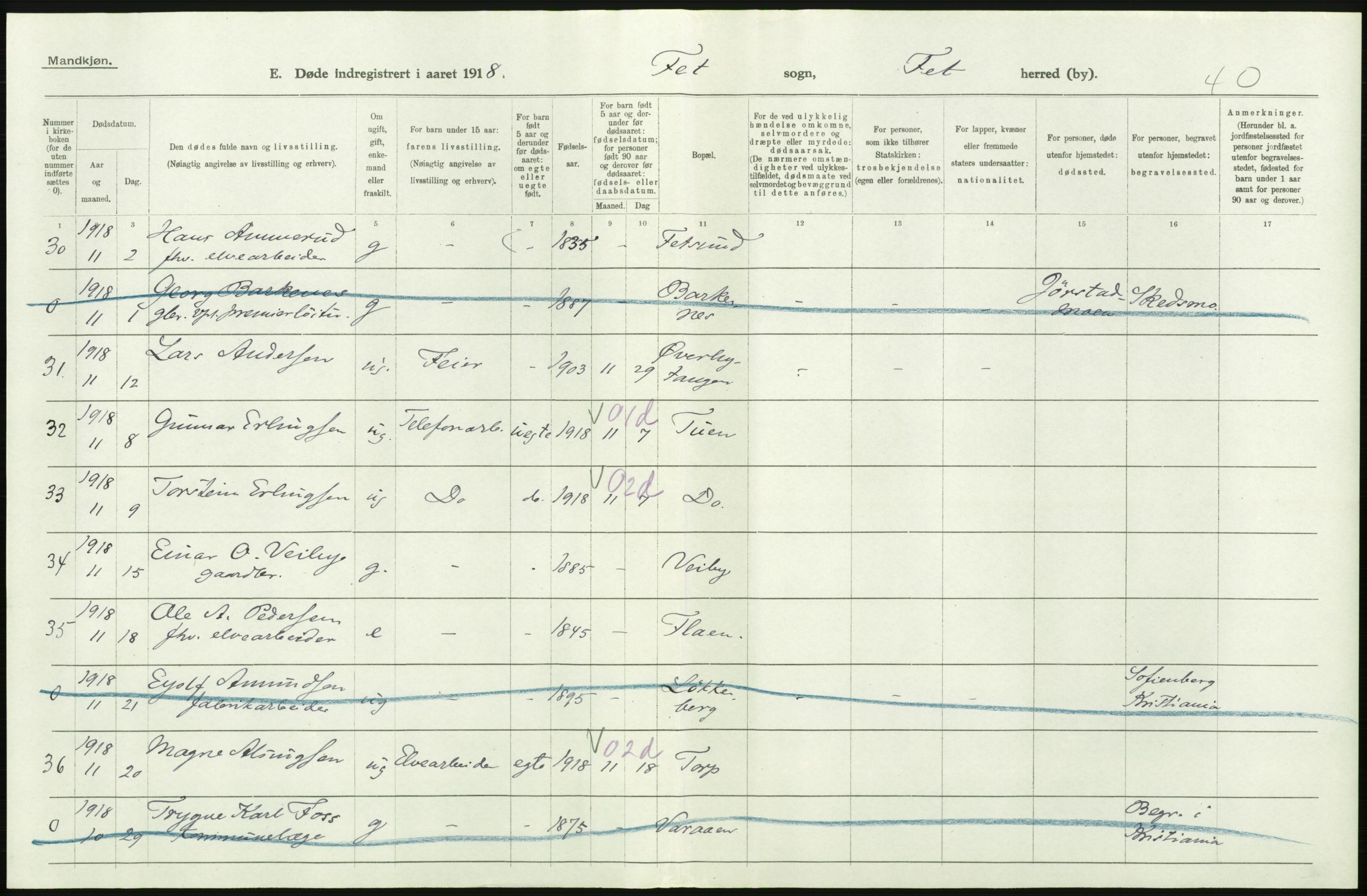 Statistisk sentralbyrå, Sosiodemografiske emner, Befolkning, RA/S-2228/D/Df/Dfb/Dfbh/L0006: Akershus fylke: Døde. Bygder og byer., 1918, s. 224