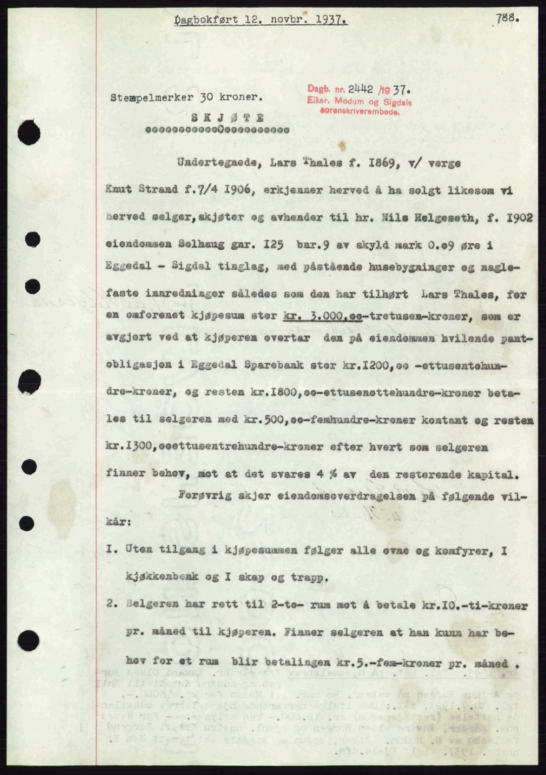Eiker, Modum og Sigdal sorenskriveri, SAKO/A-123/G/Ga/Gab/L0036: Pantebok nr. A6, 1937-1937, Dagboknr: 2442/1937
