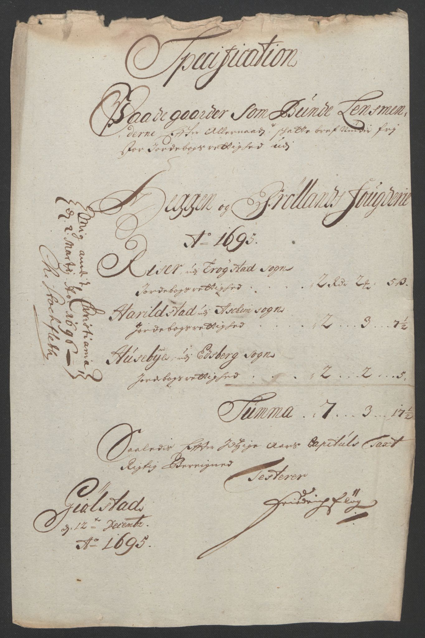 Rentekammeret inntil 1814, Reviderte regnskaper, Fogderegnskap, AV/RA-EA-4092/R07/L0285: Fogderegnskap Rakkestad, Heggen og Frøland, 1695, s. 313