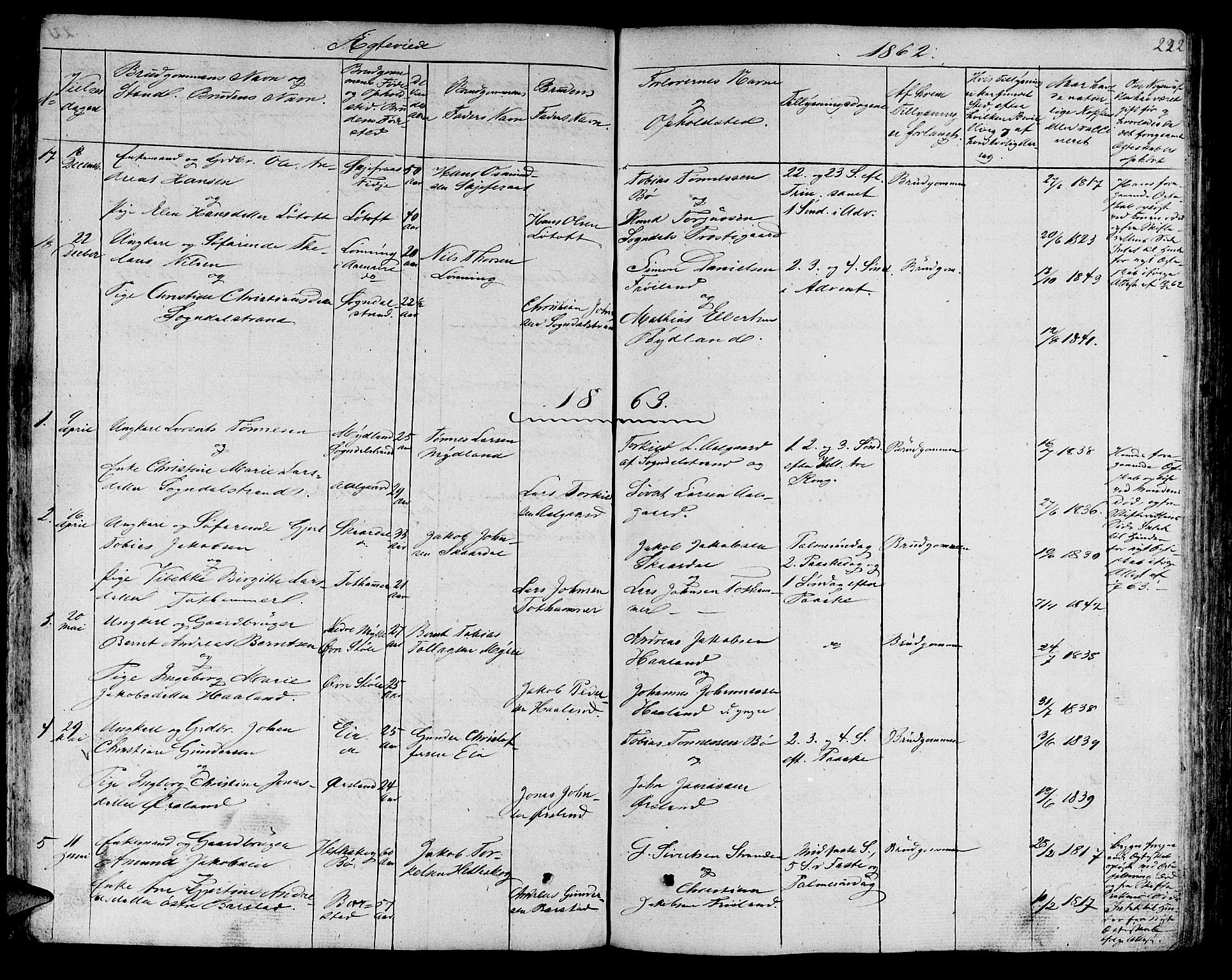 Sokndal sokneprestkontor, SAST/A-101808: Klokkerbok nr. B 2, 1849-1865, s. 222