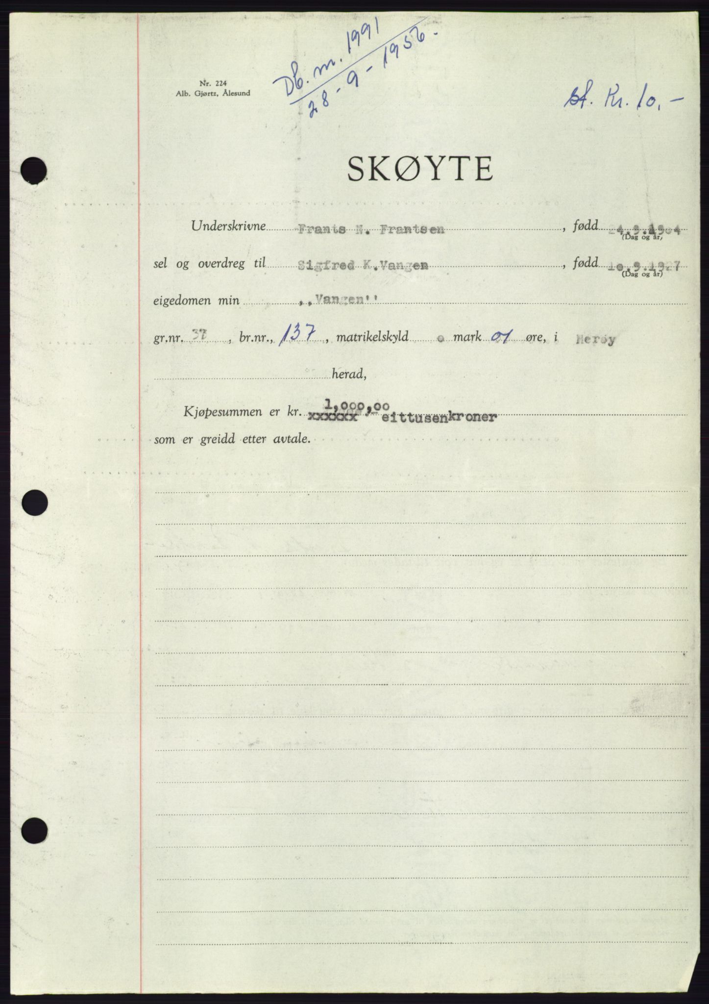Søre Sunnmøre sorenskriveri, AV/SAT-A-4122/1/2/2C/L0104: Pantebok nr. 30A, 1956-1956, Dagboknr: 1991/1956