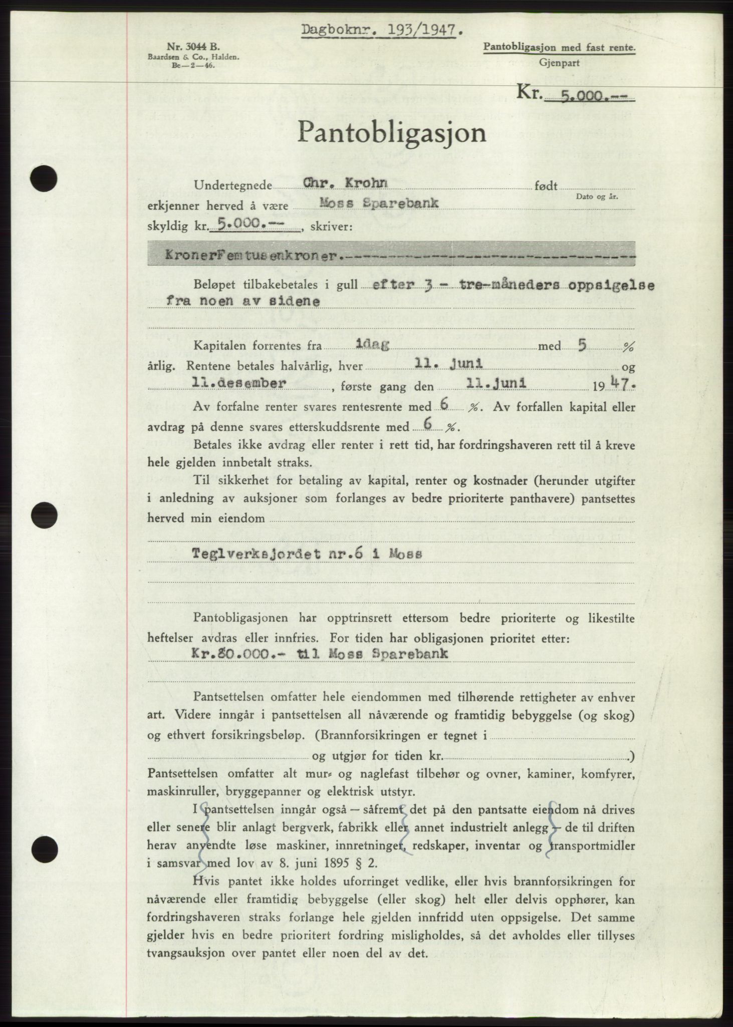 Moss sorenskriveri, SAO/A-10168: Pantebok nr. B16, 1946-1947, Dagboknr: 193/1947