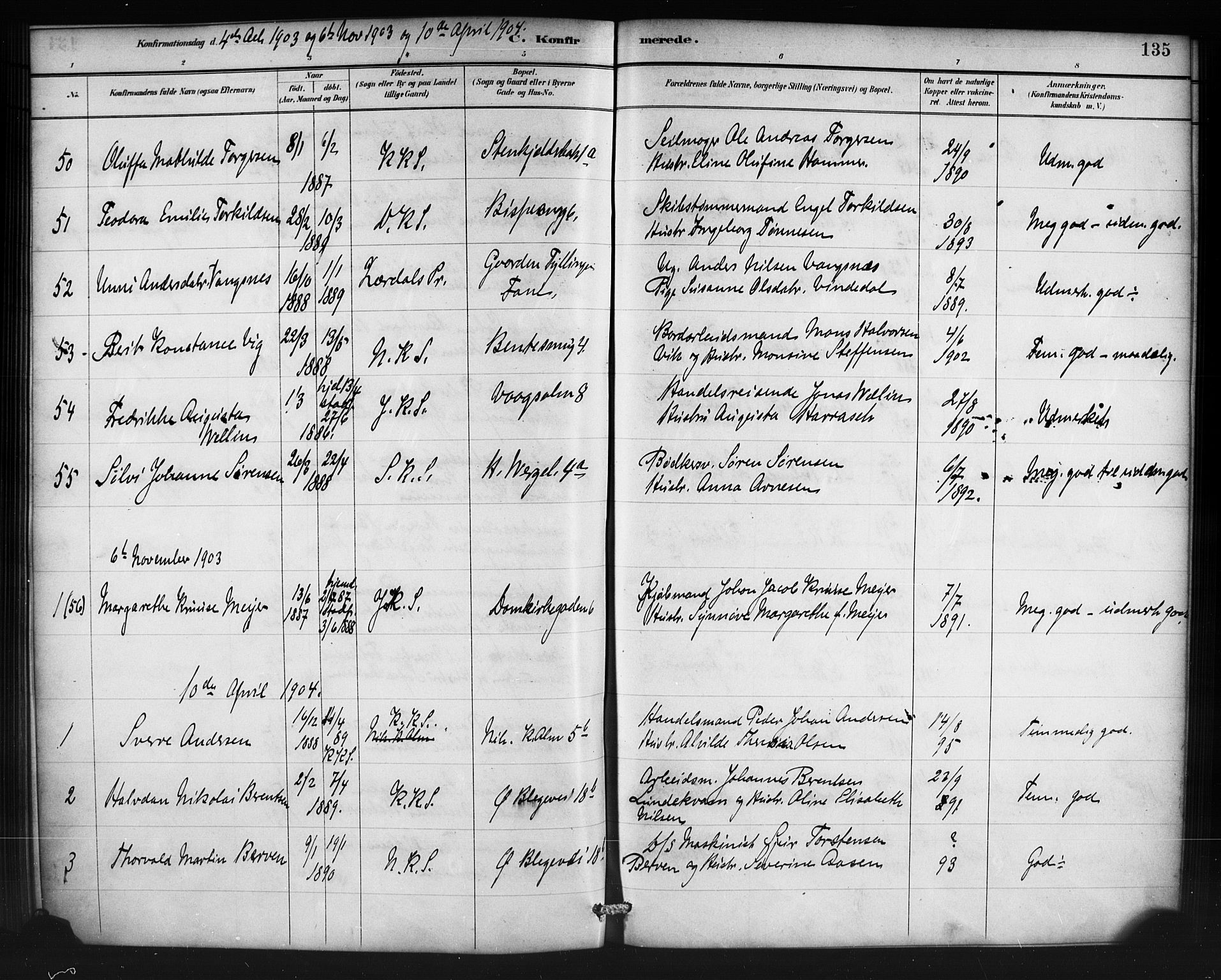 Korskirken sokneprestembete, AV/SAB-A-76101/H/Haa/L0071: Residerende kapellans bok nr. A 6, 1885-1912, s. 135