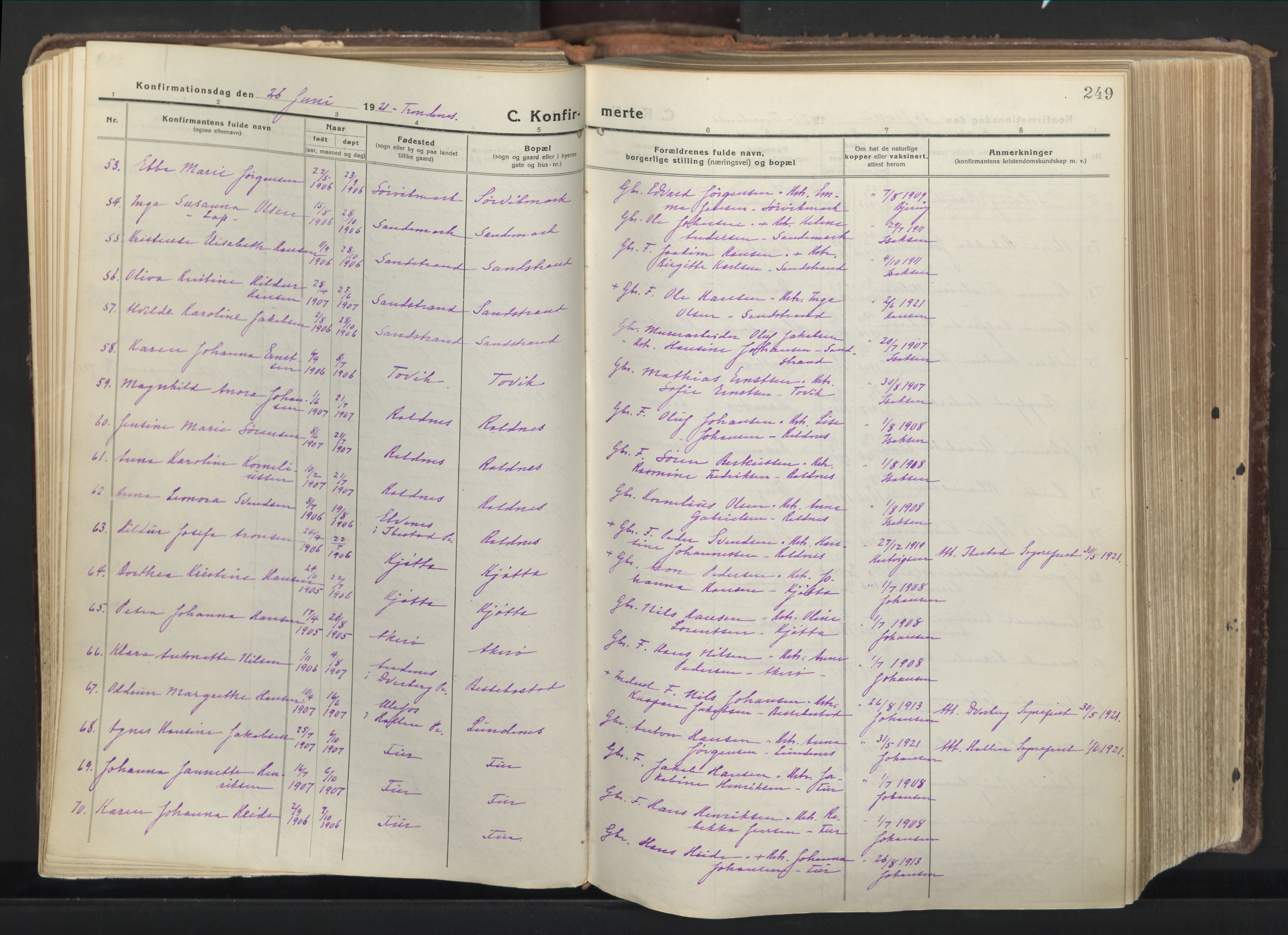 Trondenes sokneprestkontor, AV/SATØ-S-1319/H/Ha/L0019kirke: Ministerialbok nr. 19, 1919-1928, s. 249