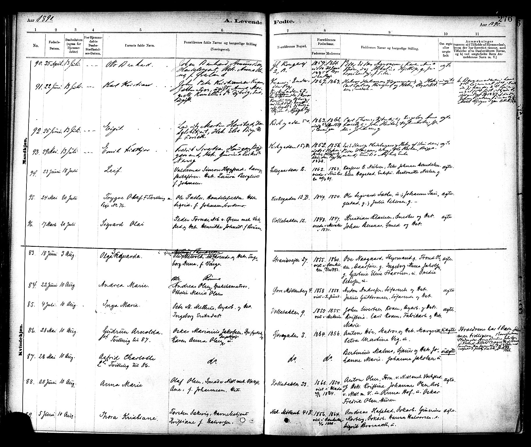 Ministerialprotokoller, klokkerbøker og fødselsregistre - Sør-Trøndelag, SAT/A-1456/604/L0188: Ministerialbok nr. 604A09, 1878-1892, s. 276