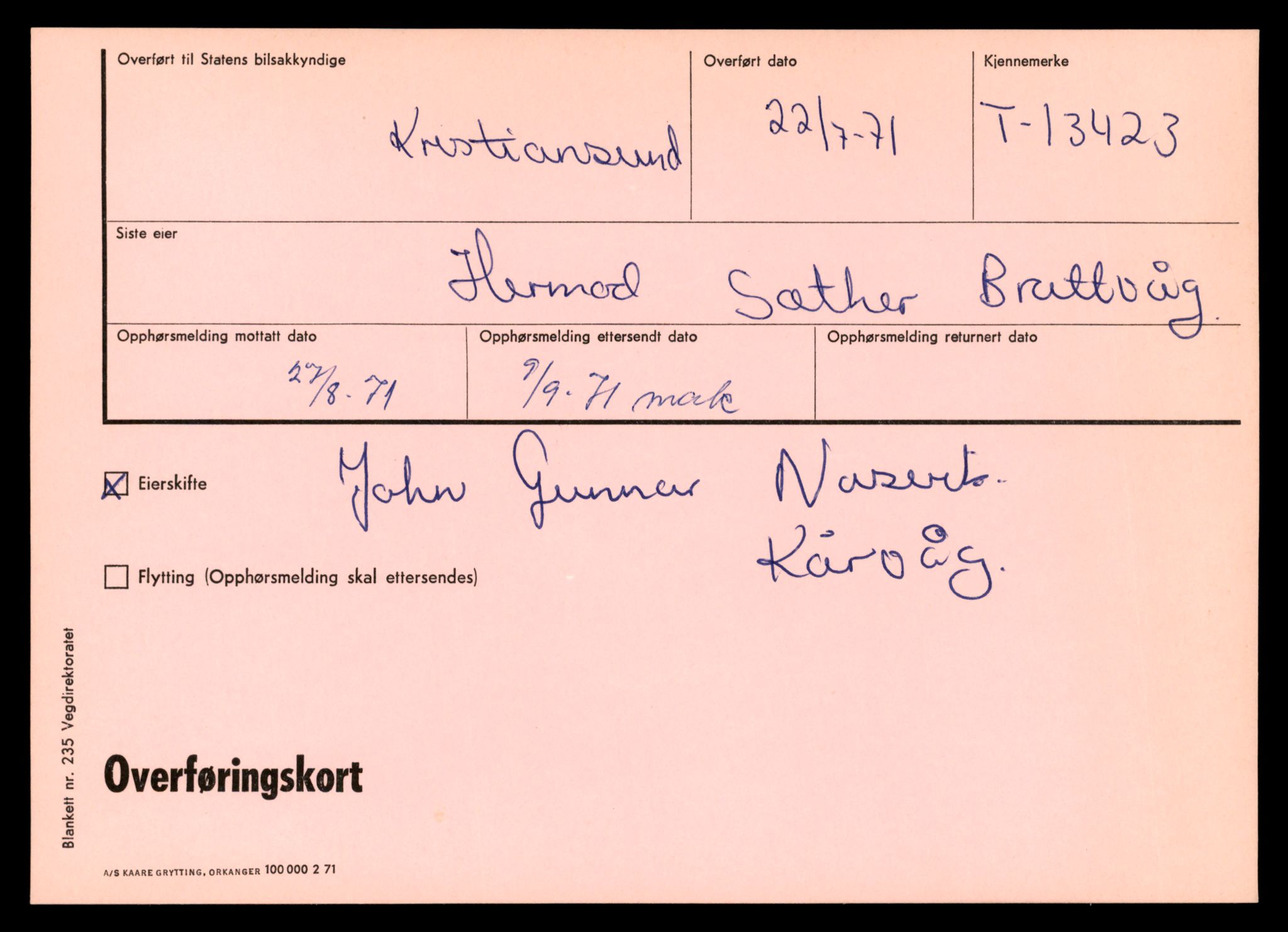 Møre og Romsdal vegkontor - Ålesund trafikkstasjon, AV/SAT-A-4099/F/Fe/L0039: Registreringskort for kjøretøy T 13361 - T 13530, 1927-1998, s. 1043