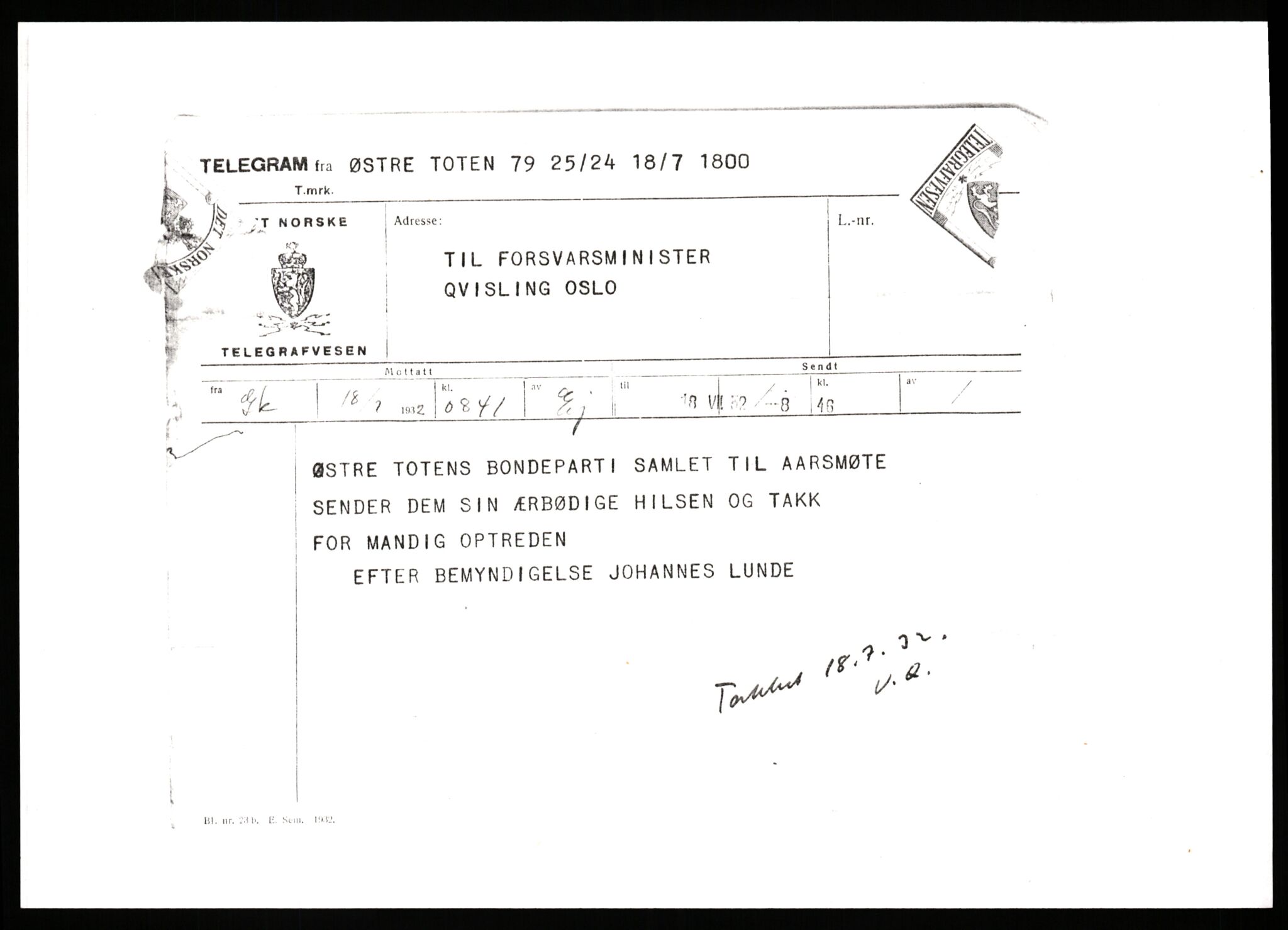 Quisling, Vidkun, AV/RA-PA-0750/G/Gf/L0001: Brev mv. til Vidkun Quisling, 1930-1938, s. 319