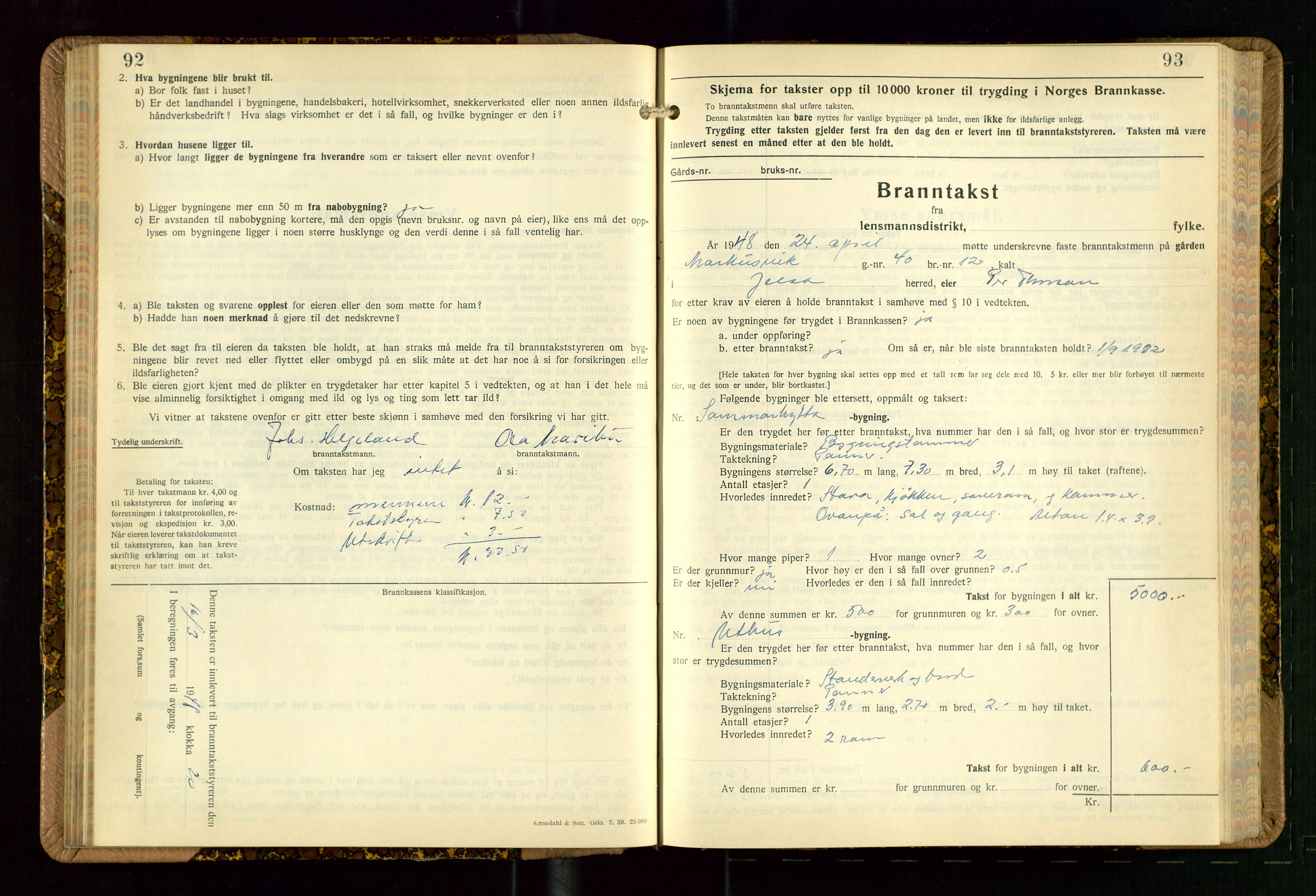 Jelsa lensmannskontor, AV/SAST-A-100360/Gob/L0003: "Branntakstprotokoll", 1942-1955, s. 92-93