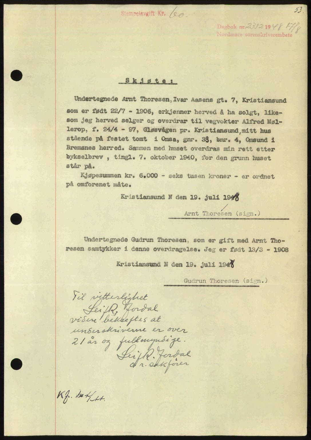 Nordmøre sorenskriveri, AV/SAT-A-4132/1/2/2Ca: Pantebok nr. A109, 1948-1948, Dagboknr: 2352/1948