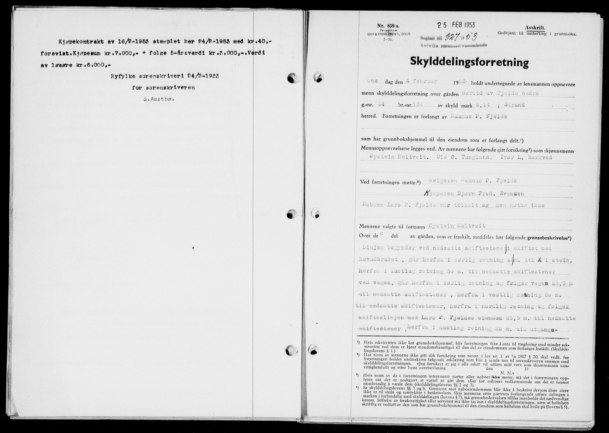 Ryfylke tingrett, SAST/A-100055/001/II/IIB/L0120: Pantebok nr. 99, 1952-1953, Dagboknr: 327/1953