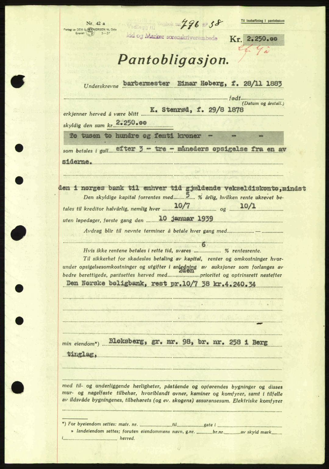 Idd og Marker sorenskriveri, AV/SAO-A-10283/G/Gb/Gbc/L0001: Pantebok nr. B1-3, 1936-1939, Dagboknr: 776/1938