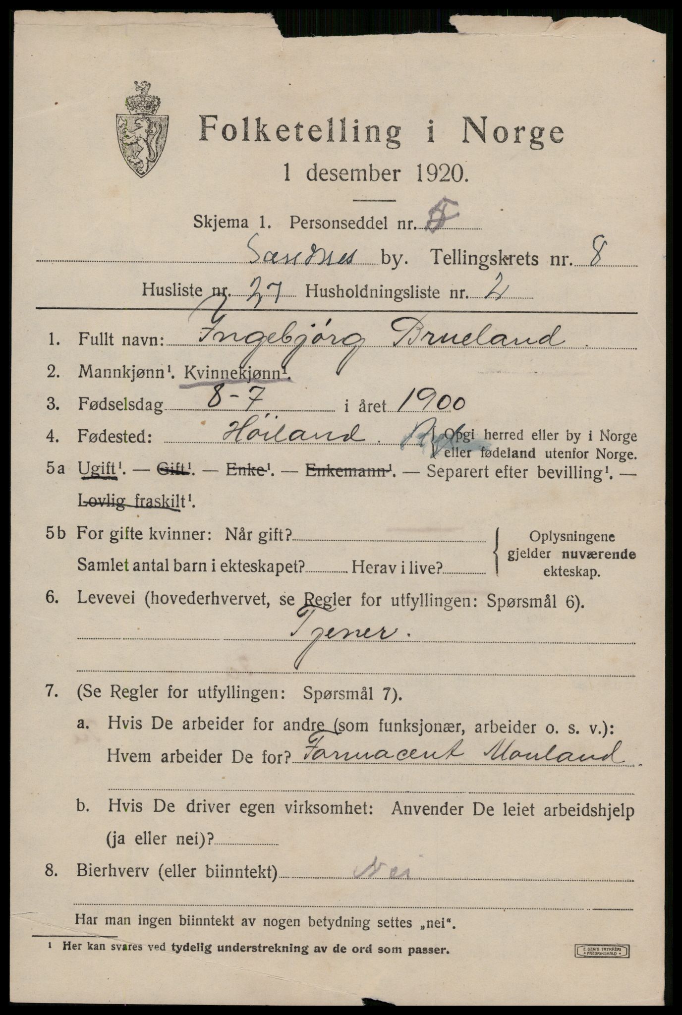 SAST, Folketelling 1920 for 1102 Sandnes ladested, 1920, s. 6180