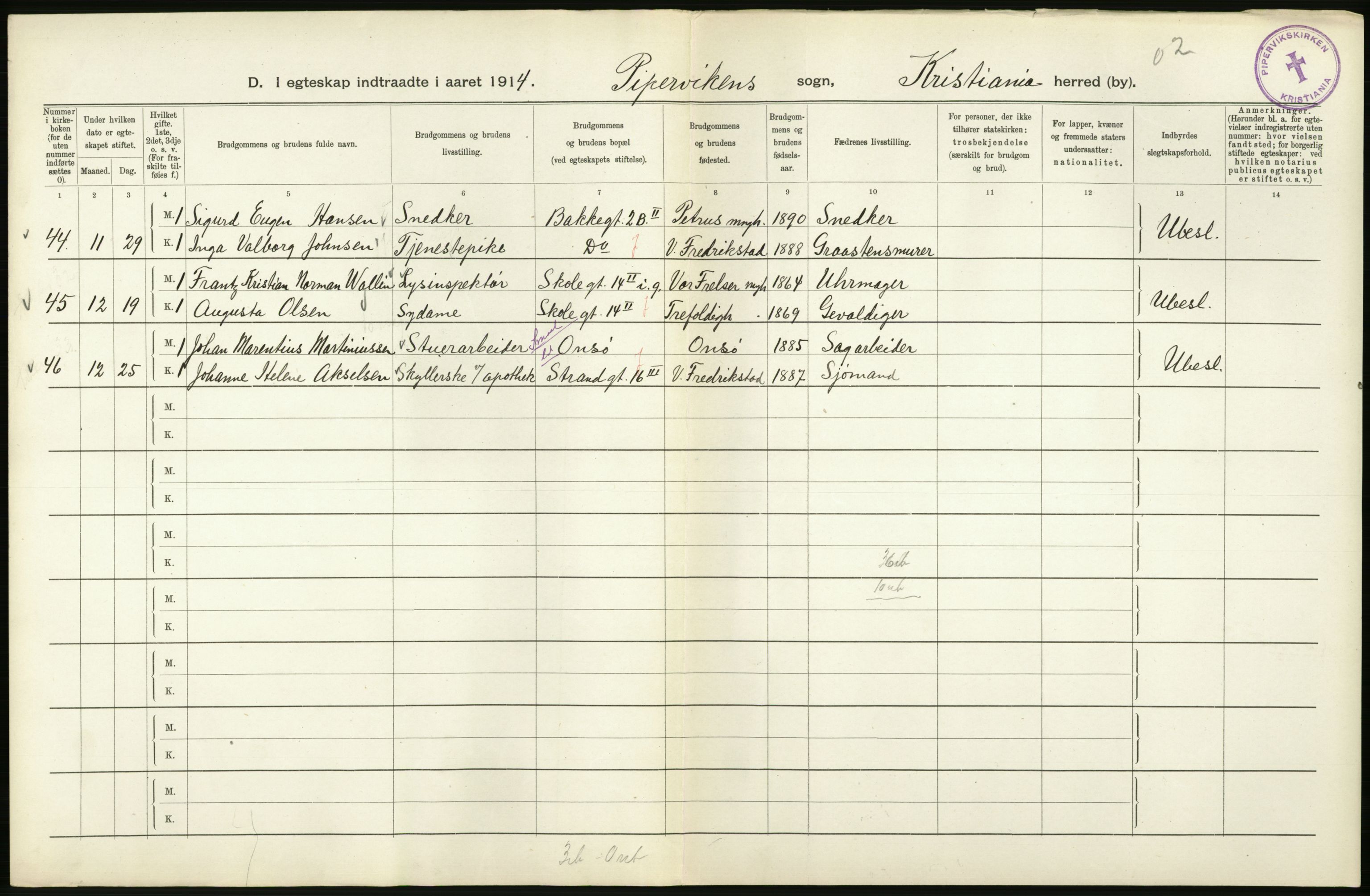 Statistisk sentralbyrå, Sosiodemografiske emner, Befolkning, RA/S-2228/D/Df/Dfb/Dfbd/L0007: Kristiania: Gifte, 1914, s. 88