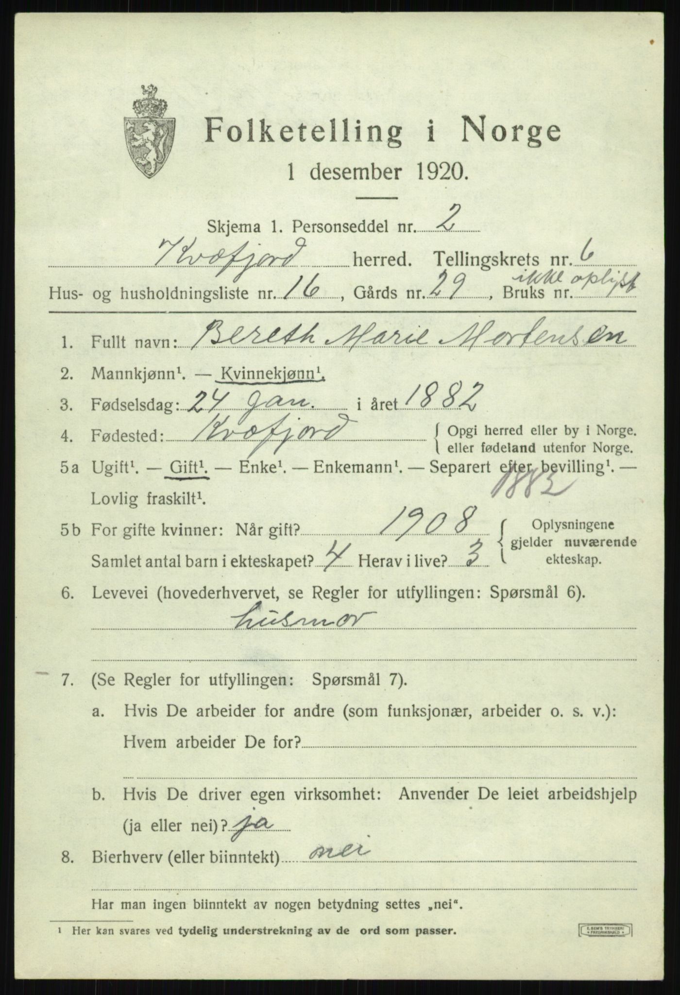SATØ, Folketelling 1920 for 1911 Kvæfjord herred, 1920, s. 3329