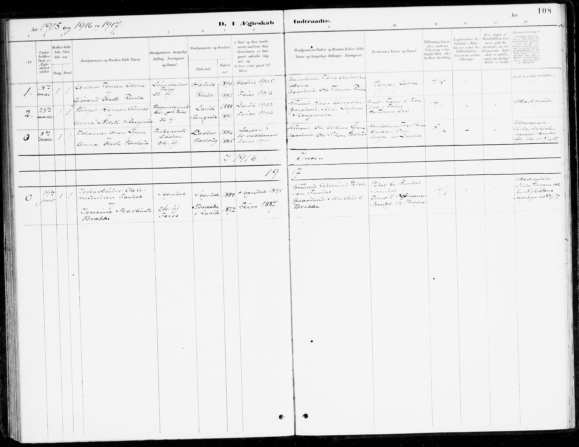 Leikanger sokneprestembete, SAB/A-81001: Ministerialbok nr. D 1, 1887-1922, s. 108