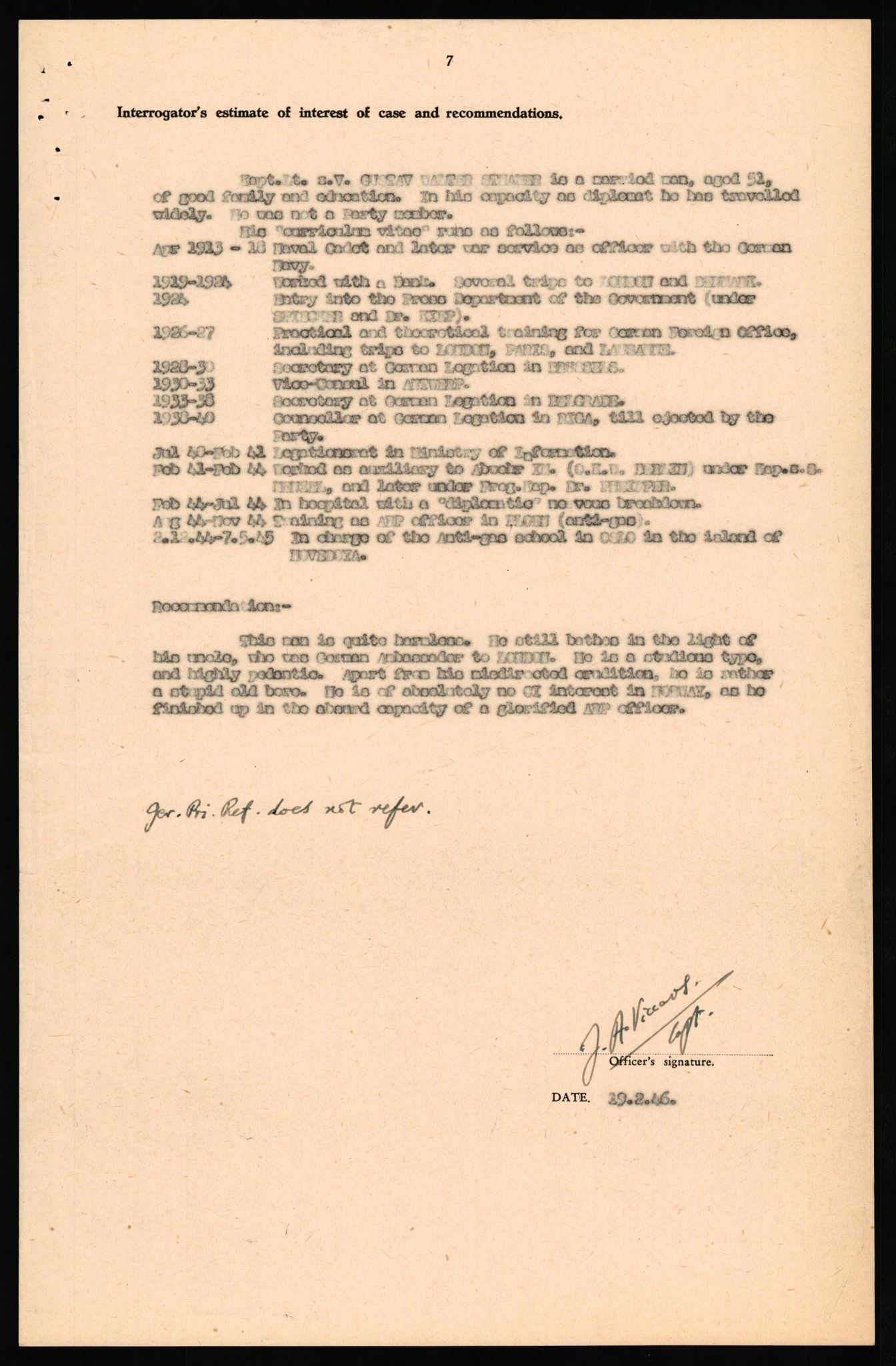 Forsvaret, Forsvarets overkommando II, RA/RAFA-3915/D/Db/L0033: CI Questionaires. Tyske okkupasjonsstyrker i Norge. Tyskere., 1945-1946, s. 52
