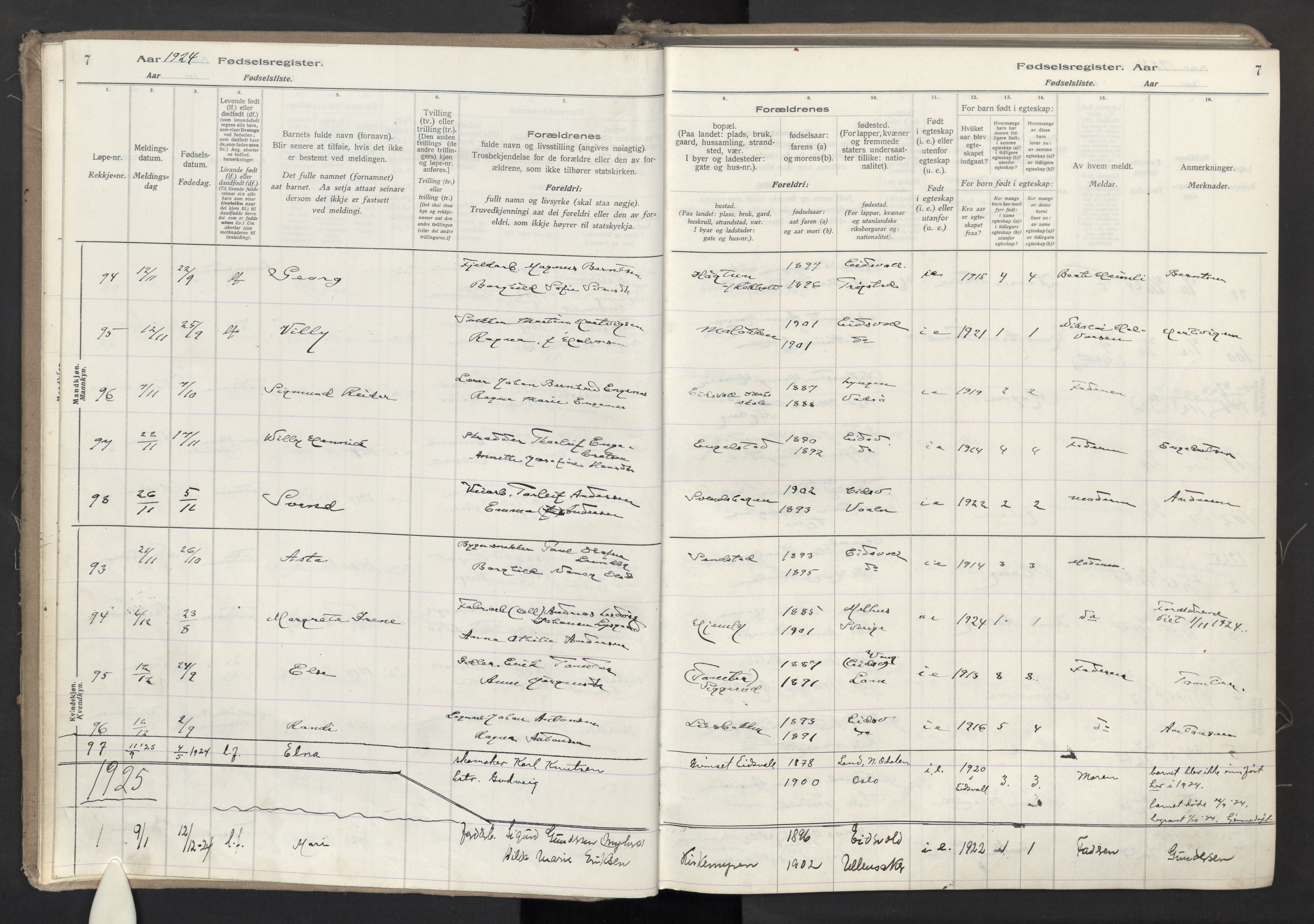 Eidsvoll prestekontor Kirkebøker, AV/SAO-A-10888/J/Ja/L0002: Fødselsregister nr. I 2, 1924-1937, s. 7