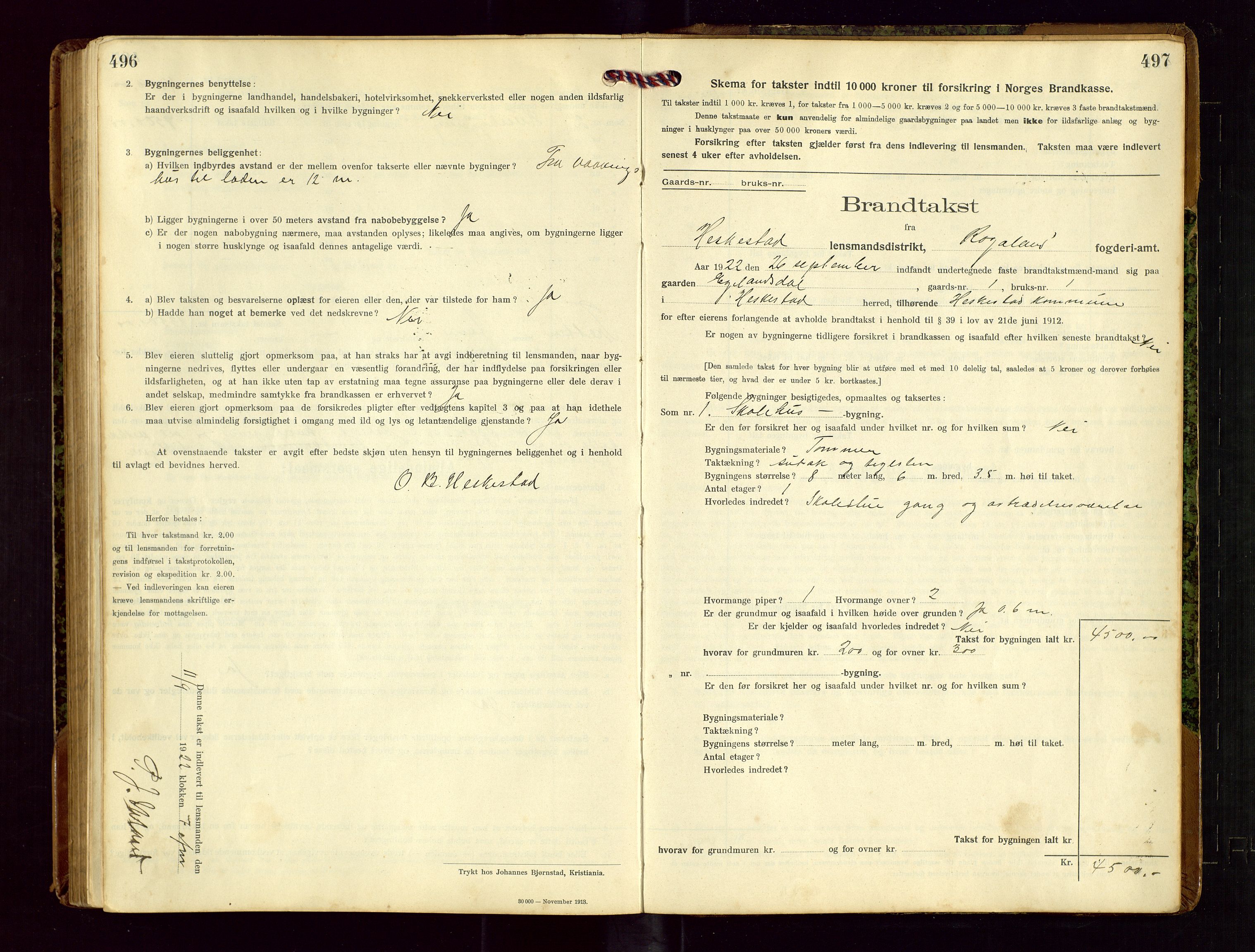 Heskestad lensmannskontor, SAST/A-100304/Gob/L0002: "Brandtakstprotokol", 1915-1922, s. 496-497