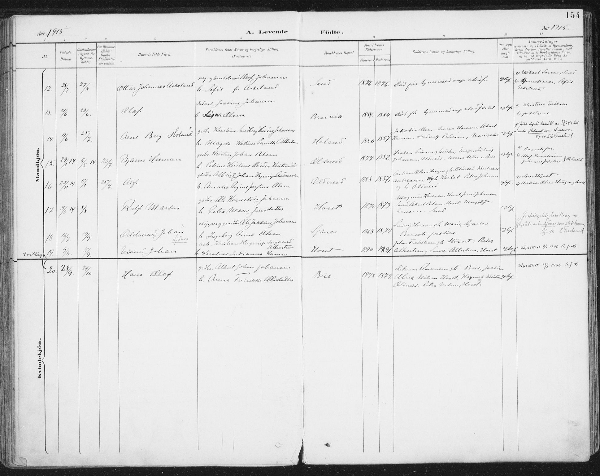 Ministerialprotokoller, klokkerbøker og fødselsregistre - Nordland, SAT/A-1459/852/L0741: Ministerialbok nr. 852A11, 1894-1917, s. 154