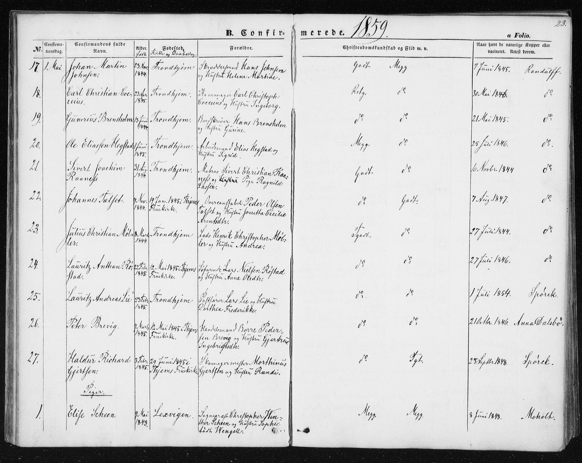 Ministerialprotokoller, klokkerbøker og fødselsregistre - Sør-Trøndelag, AV/SAT-A-1456/602/L0114: Ministerialbok nr. 602A12, 1856-1872, s. 23