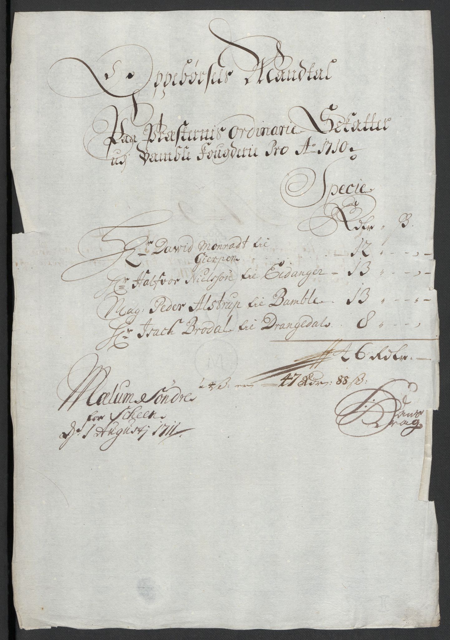 Rentekammeret inntil 1814, Reviderte regnskaper, Fogderegnskap, AV/RA-EA-4092/R36/L2119: Fogderegnskap Øvre og Nedre Telemark og Bamble, 1710, s. 61