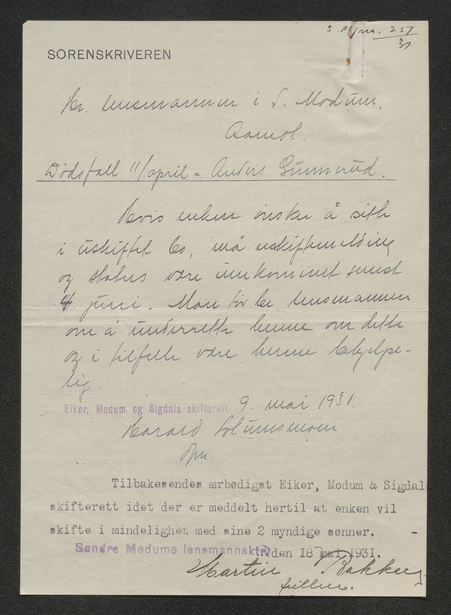 Eiker, Modum og Sigdal sorenskriveri, AV/SAKO-A-123/H/Ha/Hab/L0046: Dødsfallsmeldinger, 1930-1931, s. 836