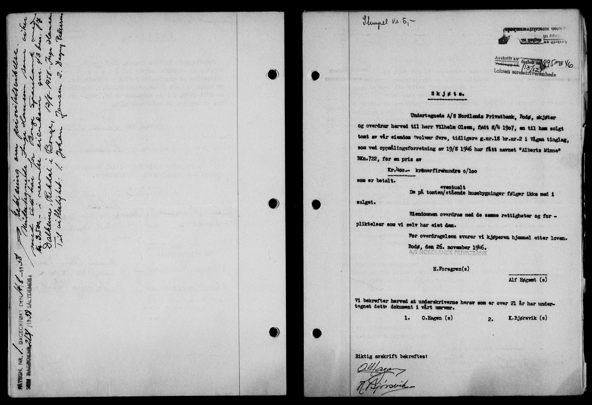 Lofoten sorenskriveri, SAT/A-0017/1/2/2C/L0015a: Pantebok nr. 15a, 1946-1947, Dagboknr: 1895/1946