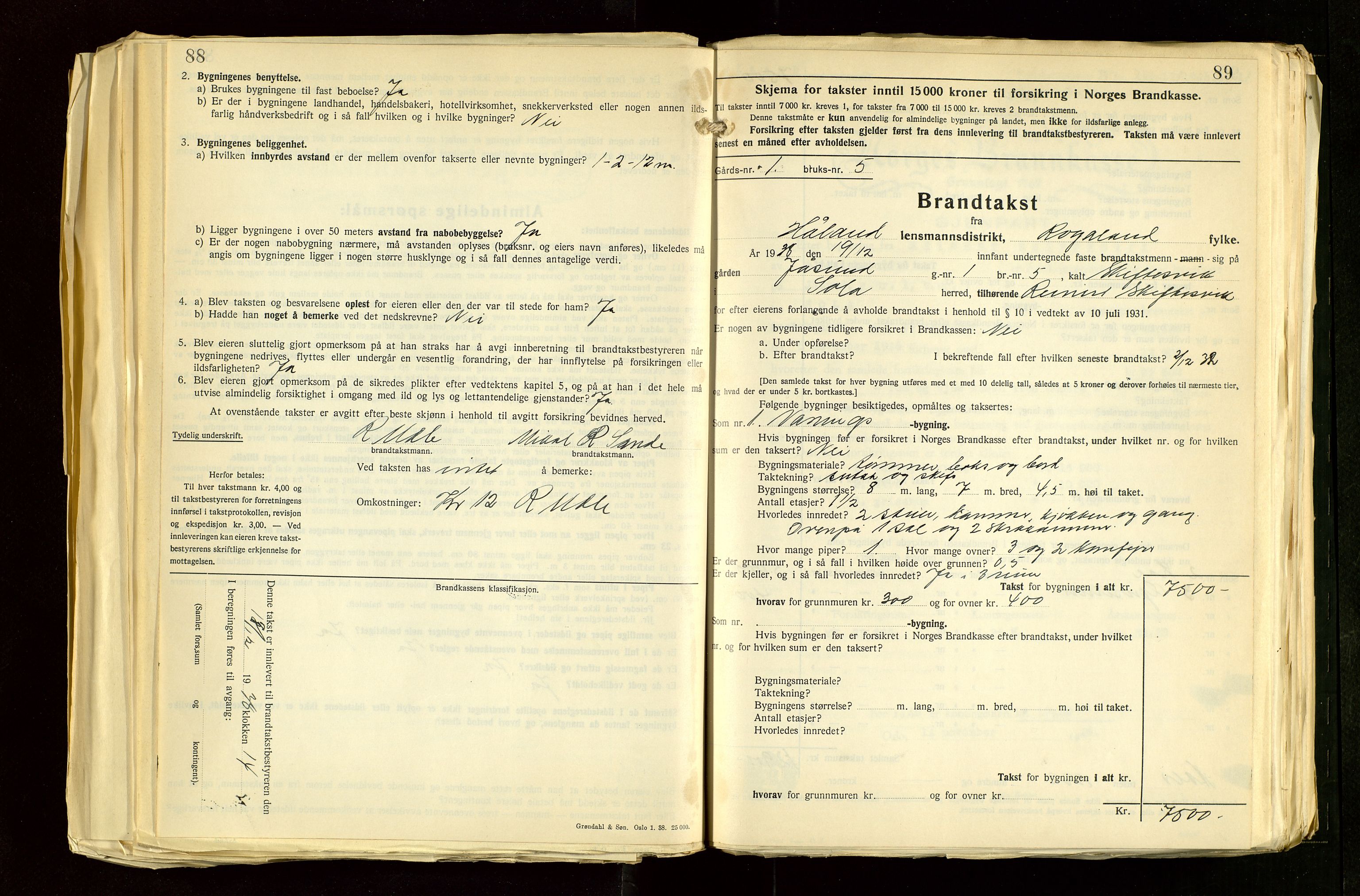 Håland lensmannskontor, AV/SAST-A-100100/Gob/L0012: "Brandtakstprotokoll" - skjematakst. Register i boken., 1938-1941, s. 88-89