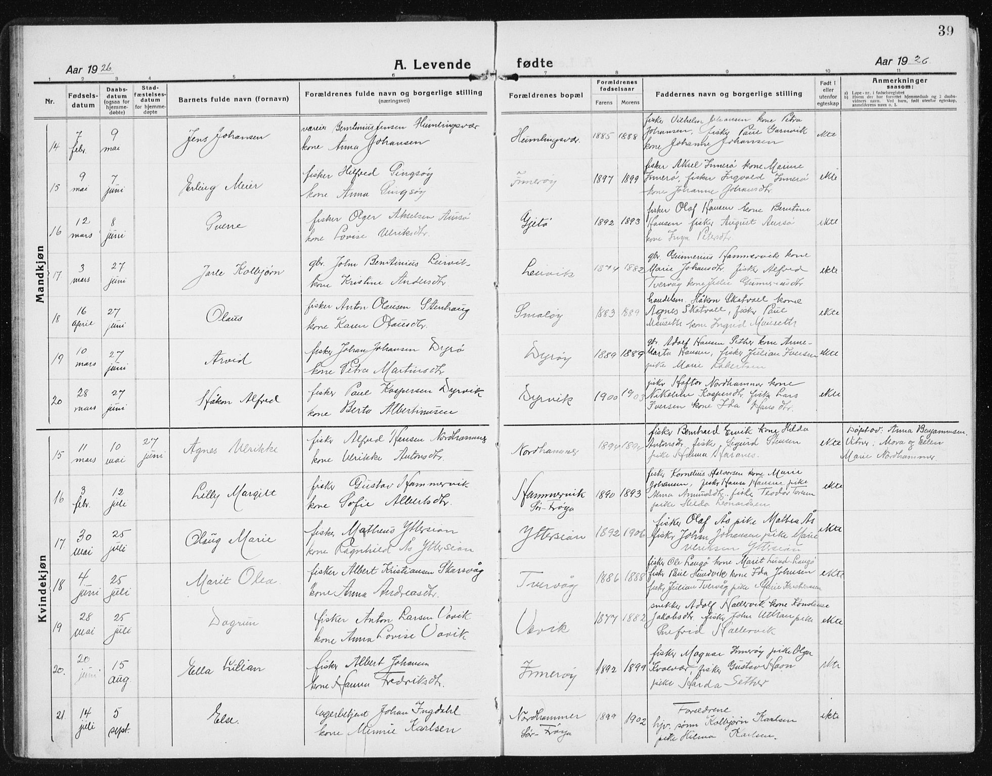 Ministerialprotokoller, klokkerbøker og fødselsregistre - Sør-Trøndelag, AV/SAT-A-1456/640/L0589: Klokkerbok nr. 640C06, 1922-1934, s. 39