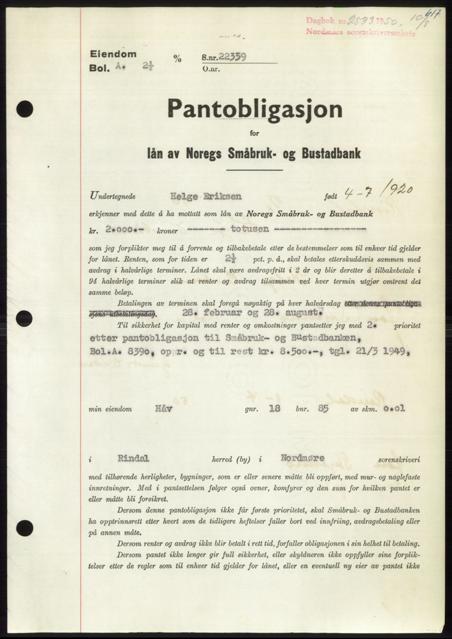 Nordmøre sorenskriveri, AV/SAT-A-4132/1/2/2Ca: Pantebok nr. B105, 1950-1950, Dagboknr: 2533/1950