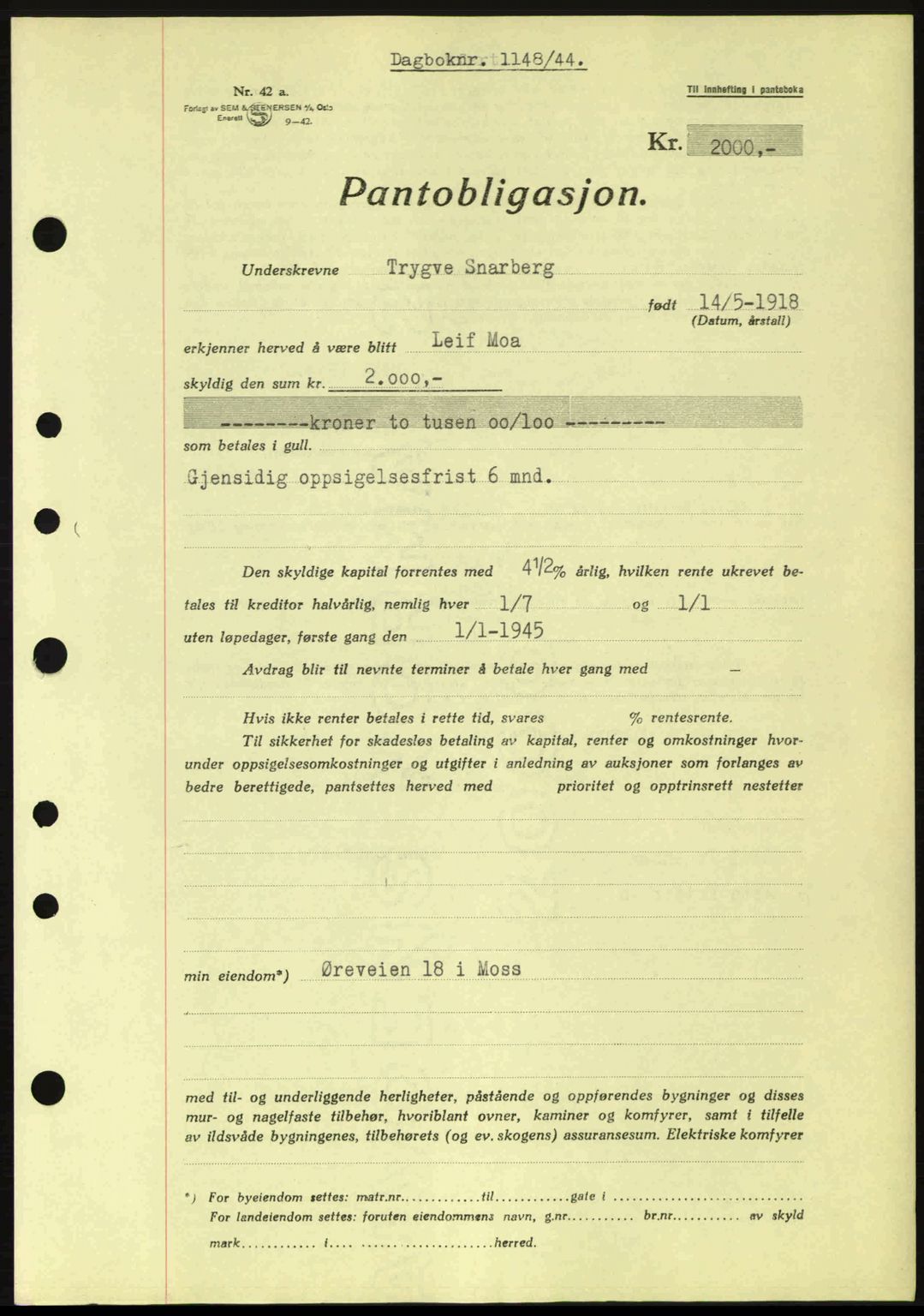 Moss sorenskriveri, SAO/A-10168: Pantebok nr. B13, 1943-1945, Dagboknr: 1148/1944