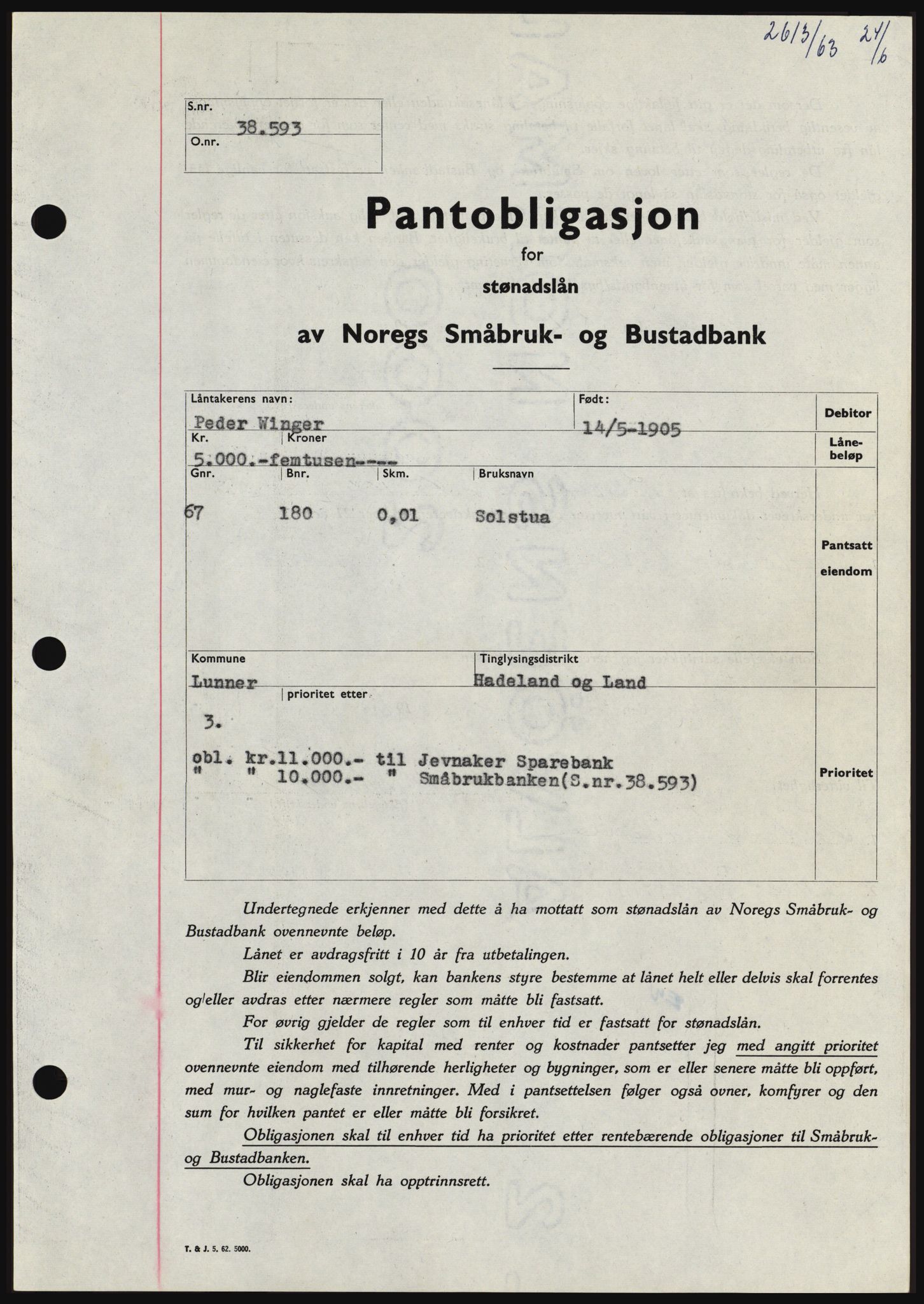 Hadeland og Land tingrett, SAH/TING-010/H/Hb/Hbc/L0052: Pantebok nr. B52, 1963-1963, Dagboknr: 2613/1963
