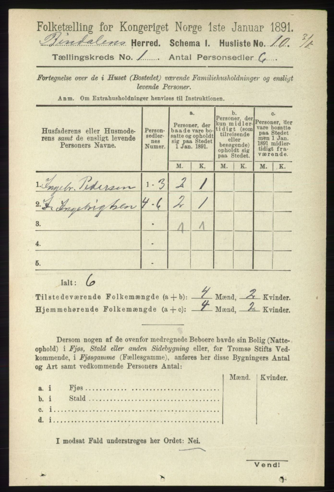 RA, Folketelling 1891 for 1811 Bindal herred, 1891, s. 36