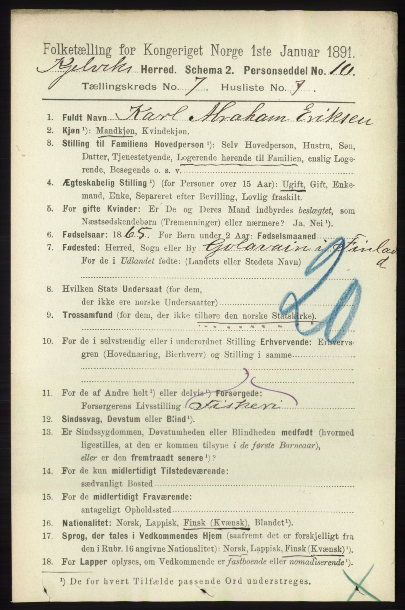 RA, Folketelling 1891 for 2019 Kjelvik herred, 1891, s. 934