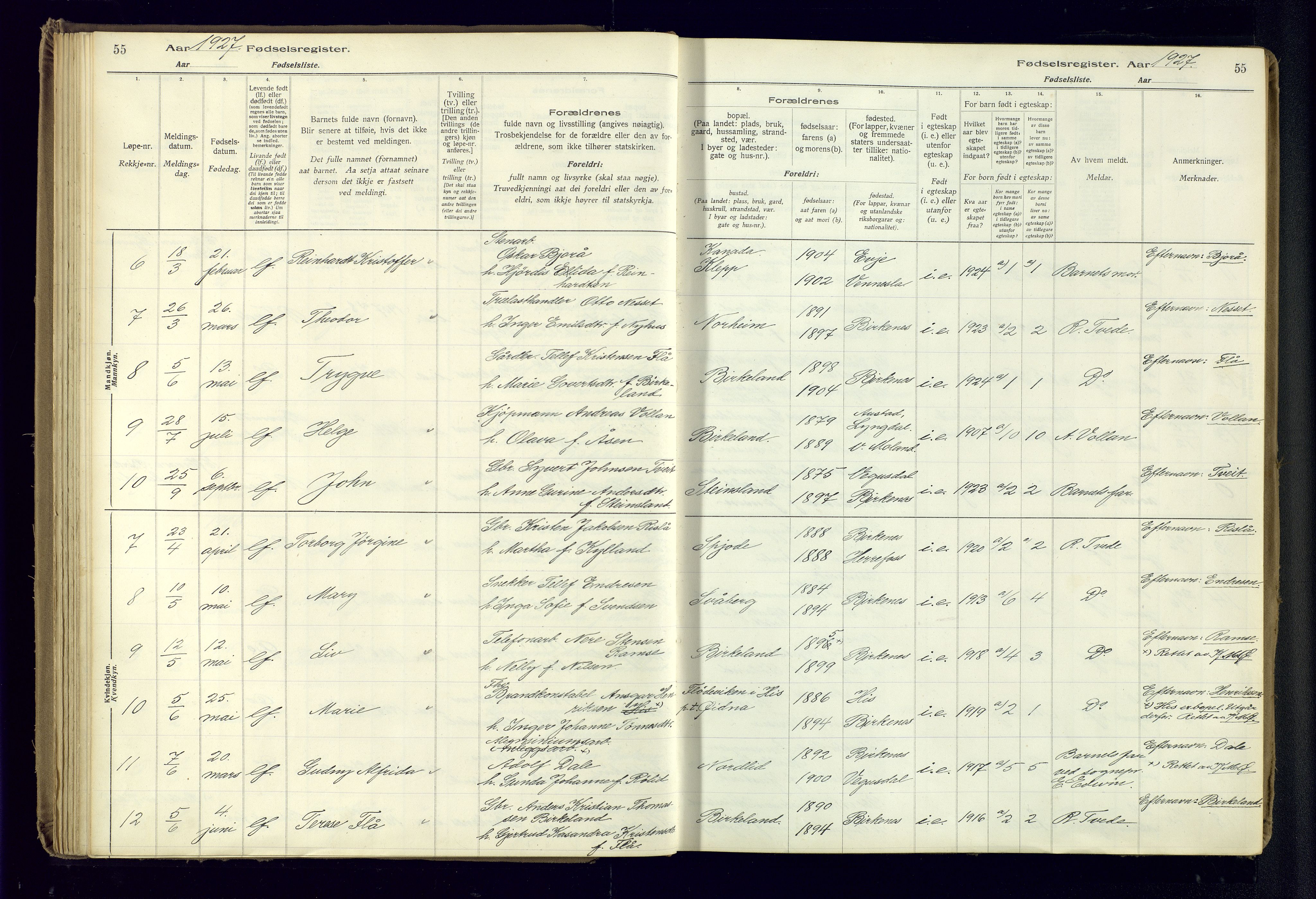 Birkenes sokneprestkontor, SAK/1111-0004/J/Ja/L0001: Fødselsregister nr. II.6.4, 1916-1962, s. 55